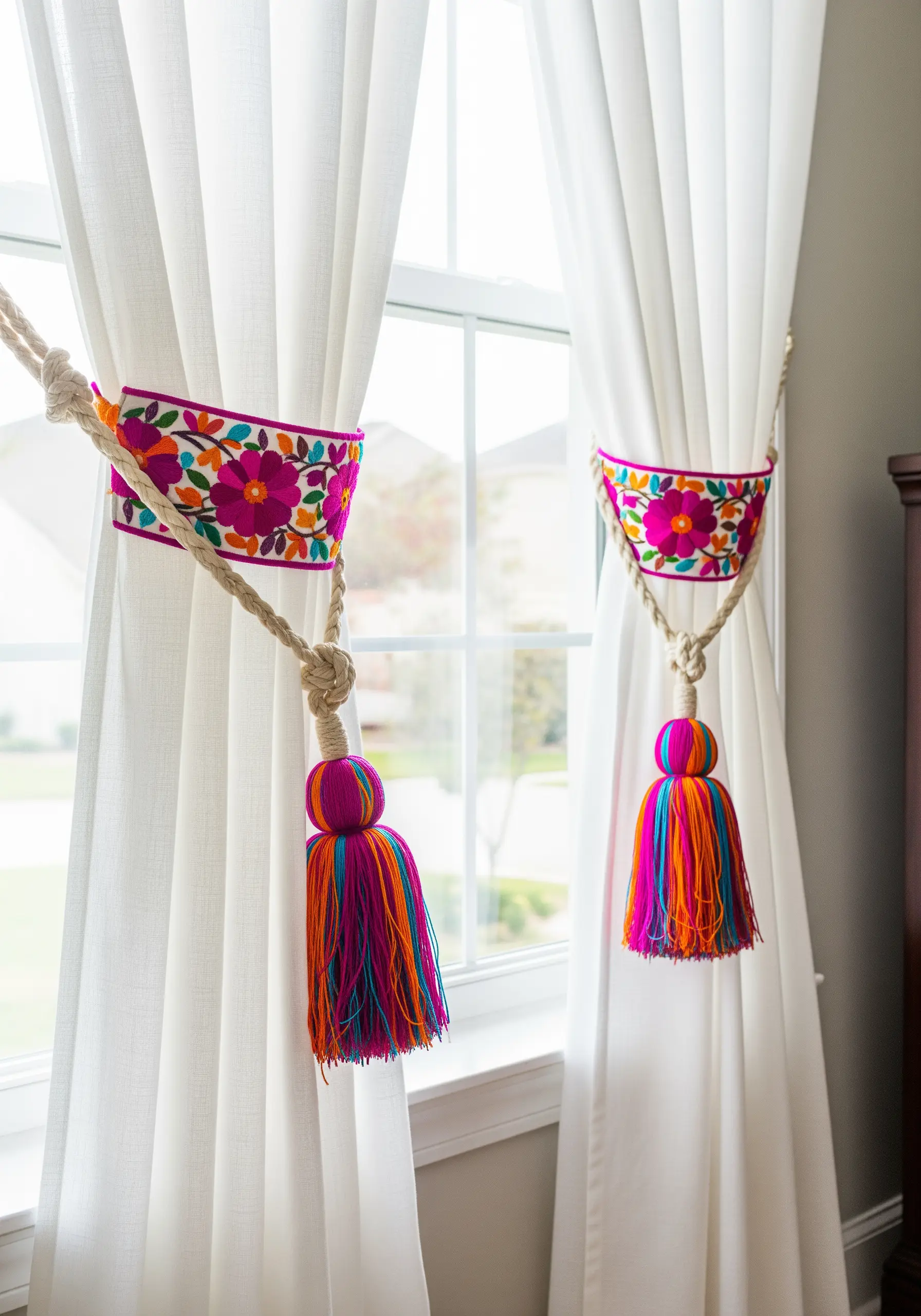 Colorful floral embroidered curtain tie-backs with large, vibrant tassels.