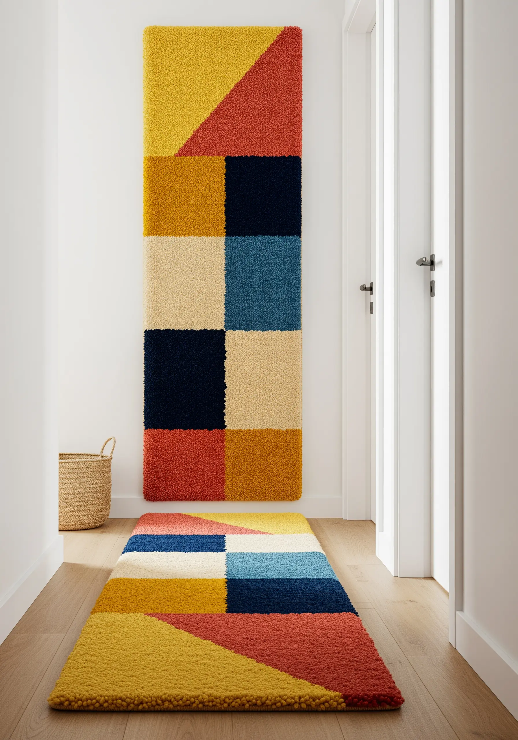 A long, tufted wall hanging and matching floor runner with a colorful geometric block pattern.