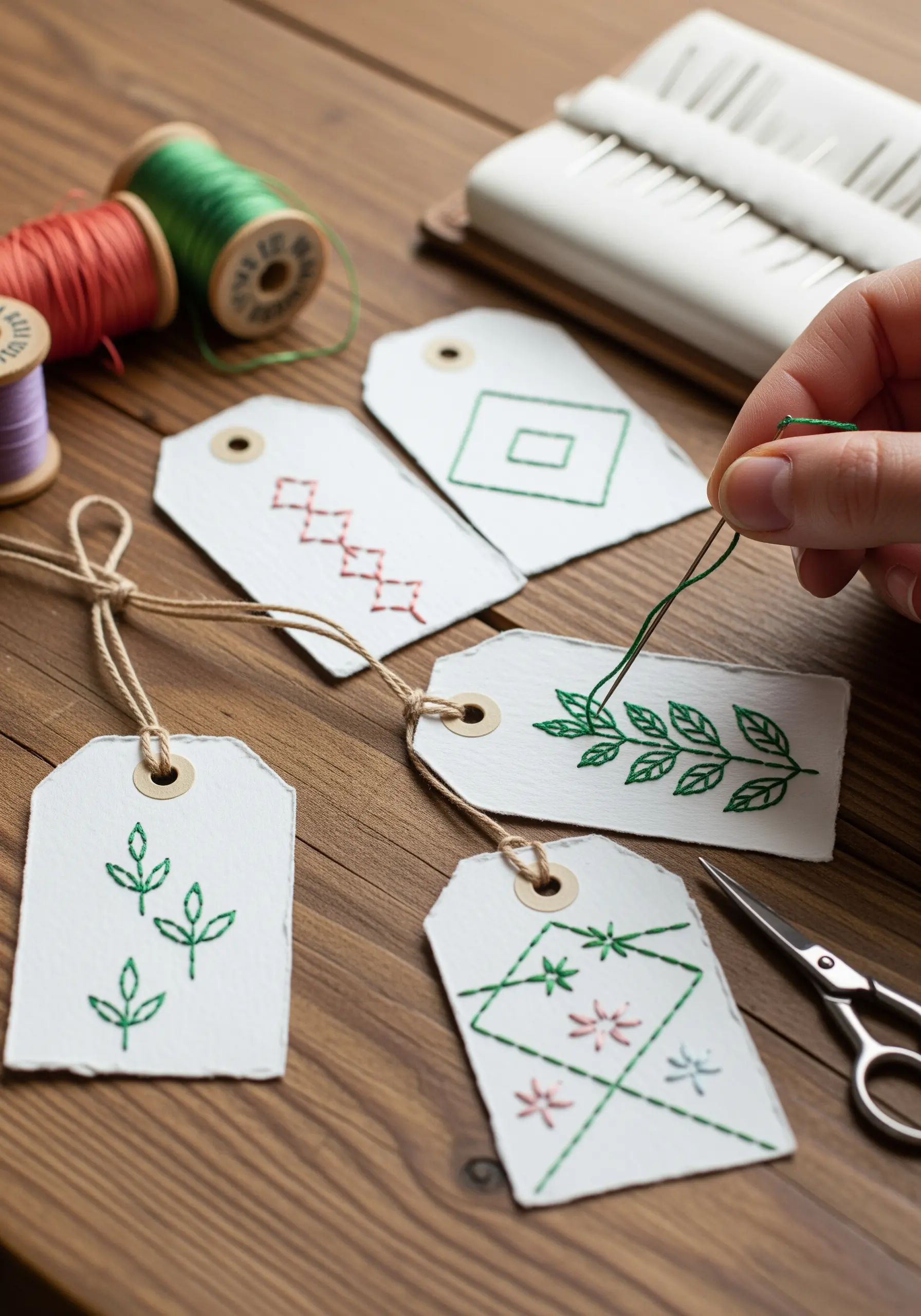 Handmade paper gift tags being embroidered with simple green, red, and geometric patterns.