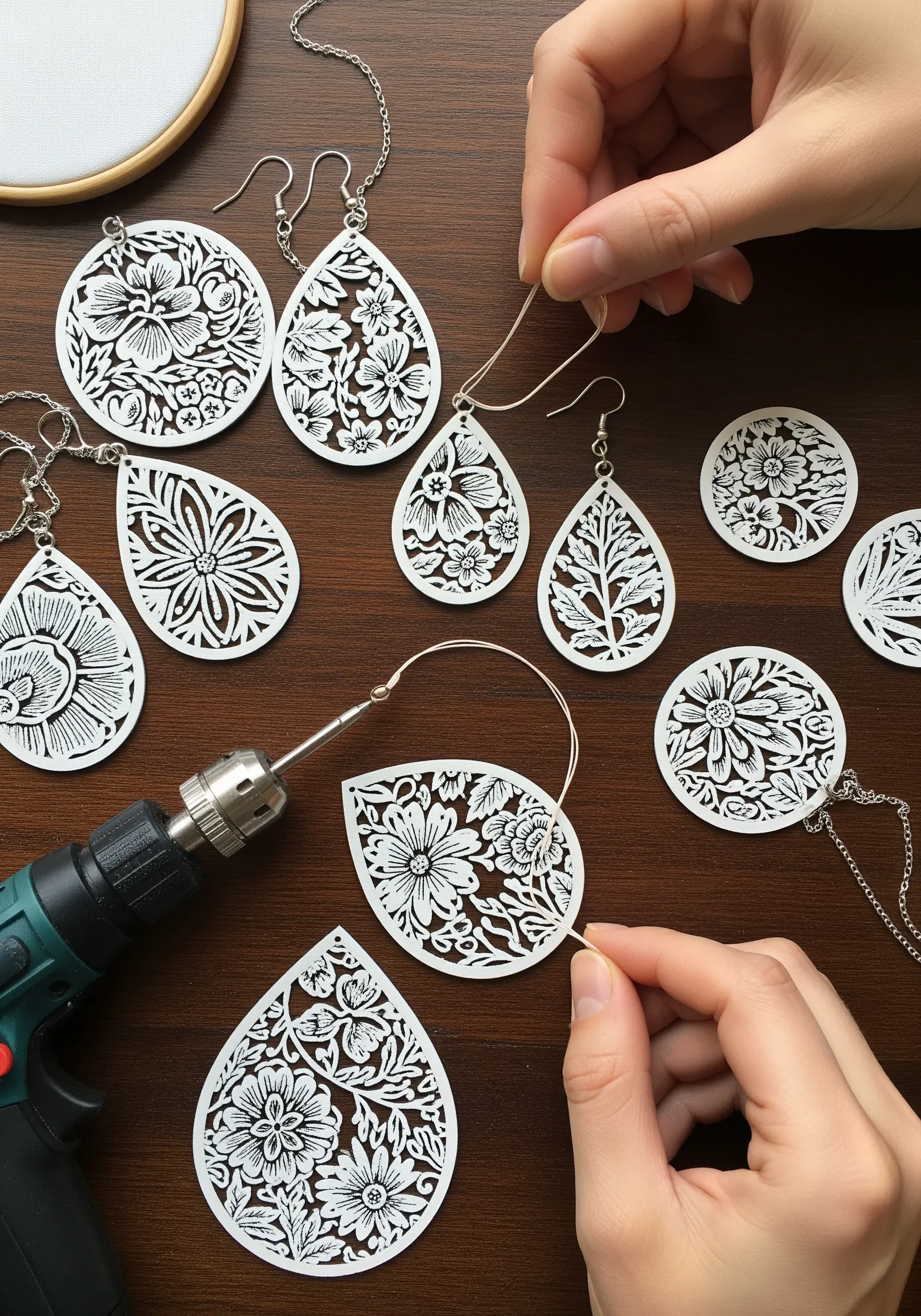 Intricate floral papercut shapes being assembled into lightweight earrings and pendants.