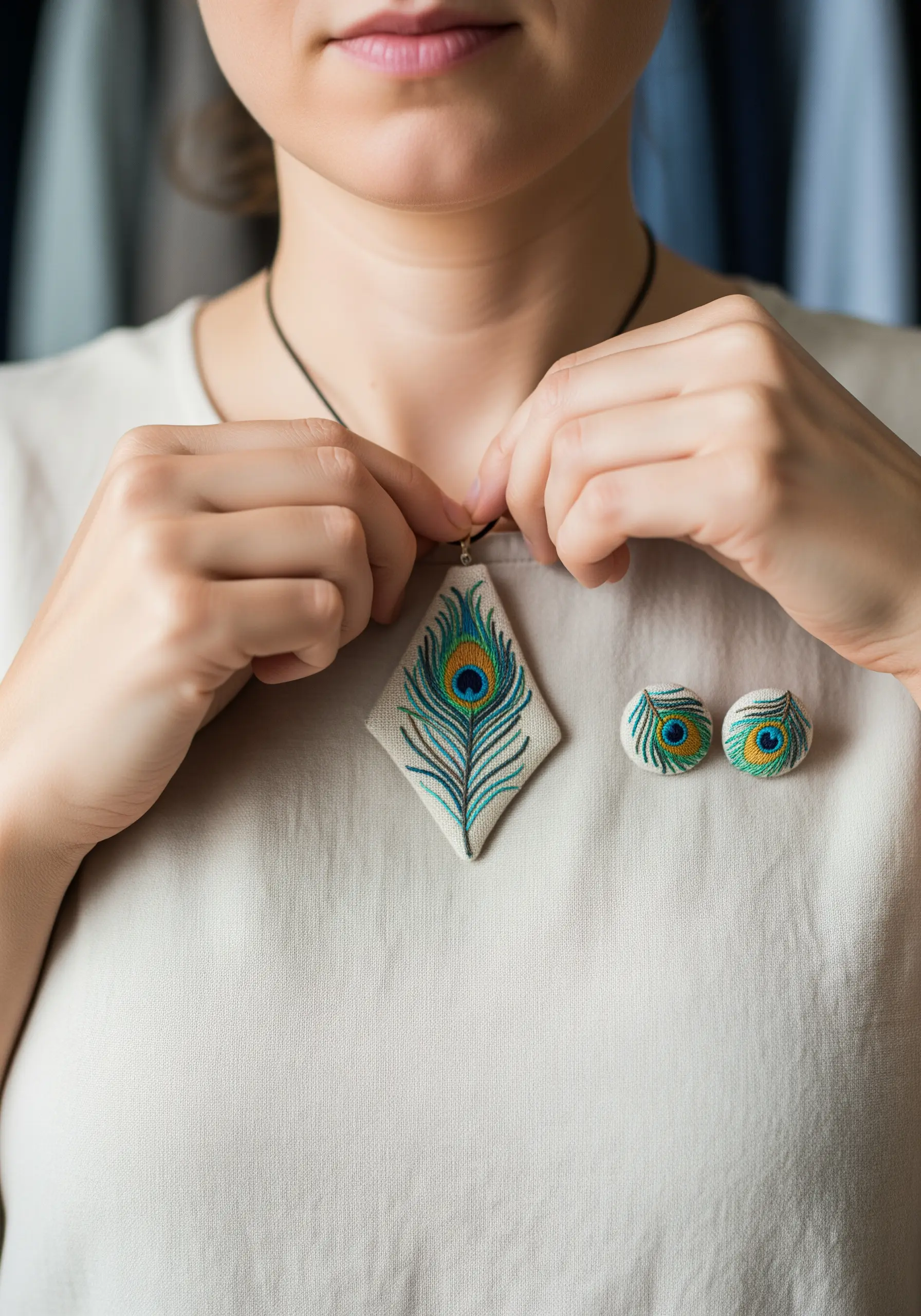 A woman wearing a hand-embroidered peacock feather pendant and matching earrings.