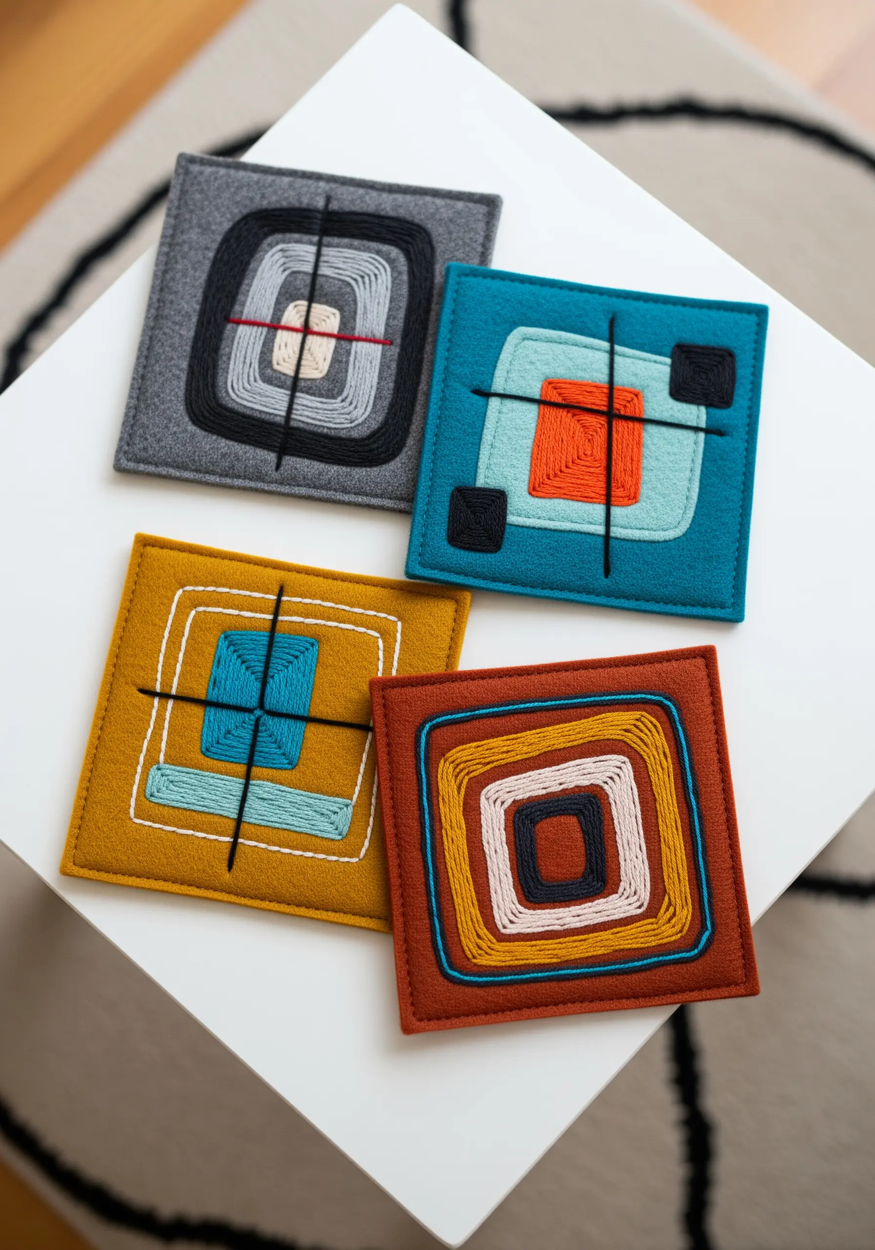 A set of four colorful, modern coasters with abstract geometric designs made from thread