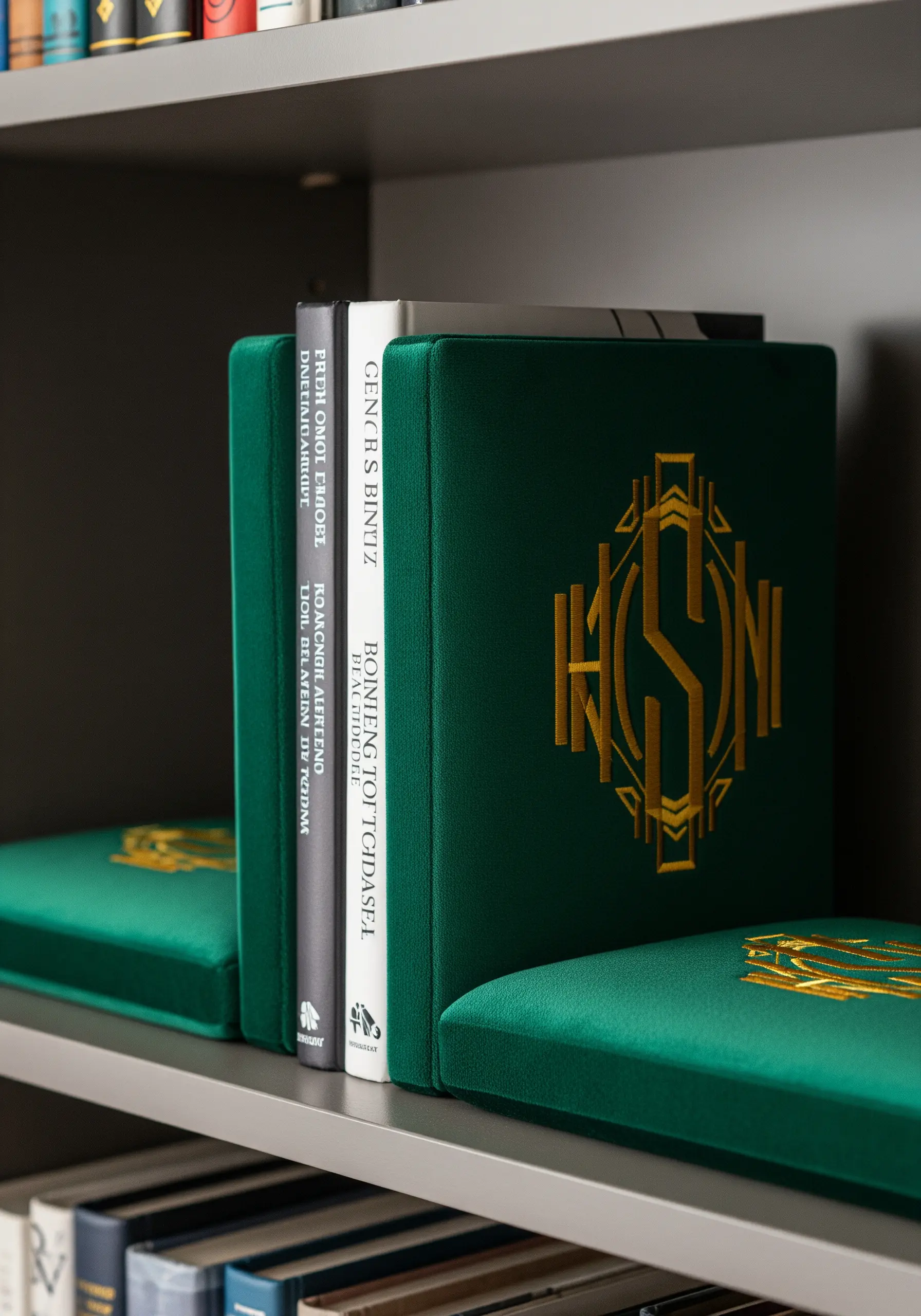 A pair of emerald green velvet bookends with a gold Art Deco-style embroidered monogram.