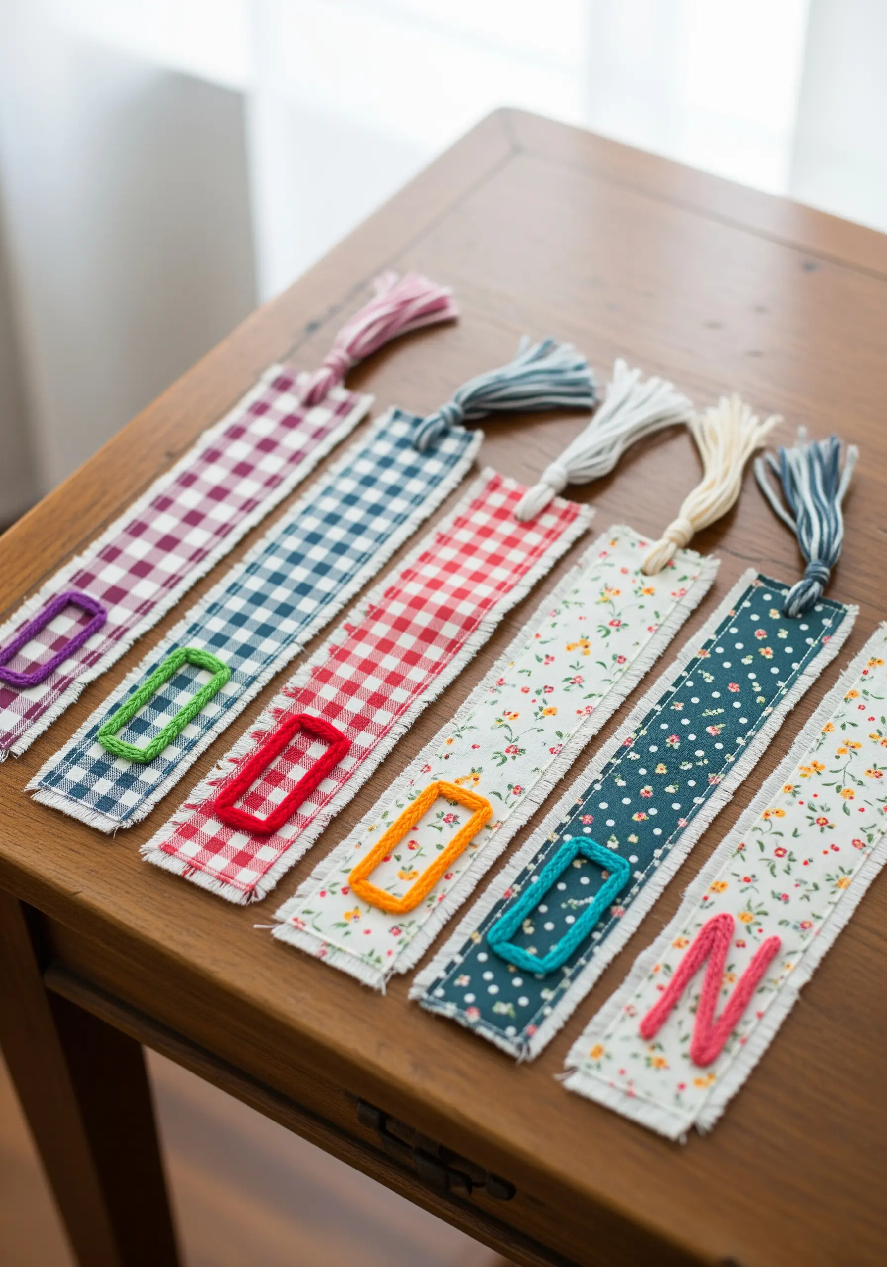 A collection of fabric bookmarks with yarn-stitched initials on a wooden table.