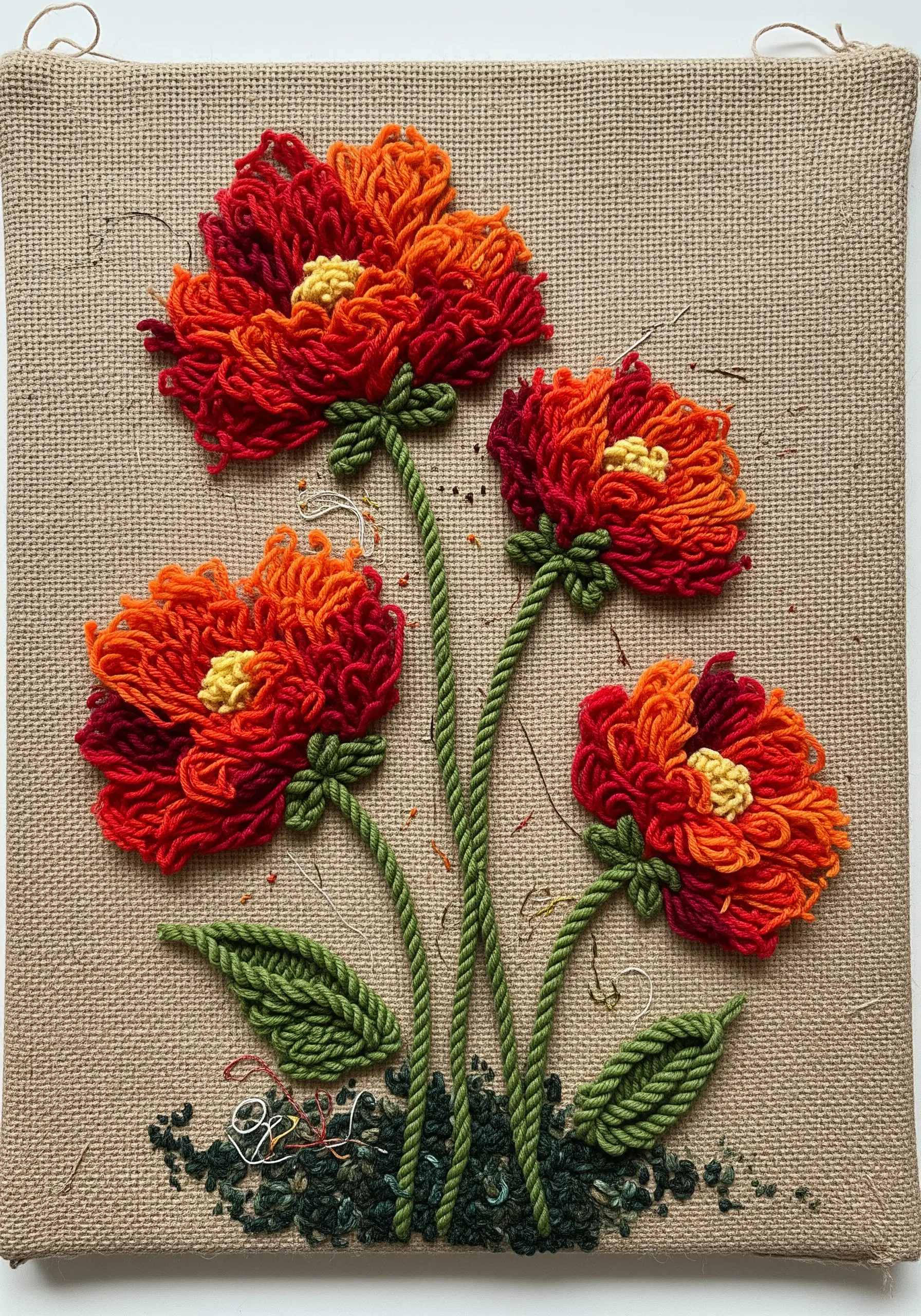Dimensional red and orange yarn flowers made with turkey work and couched stems on burlap.