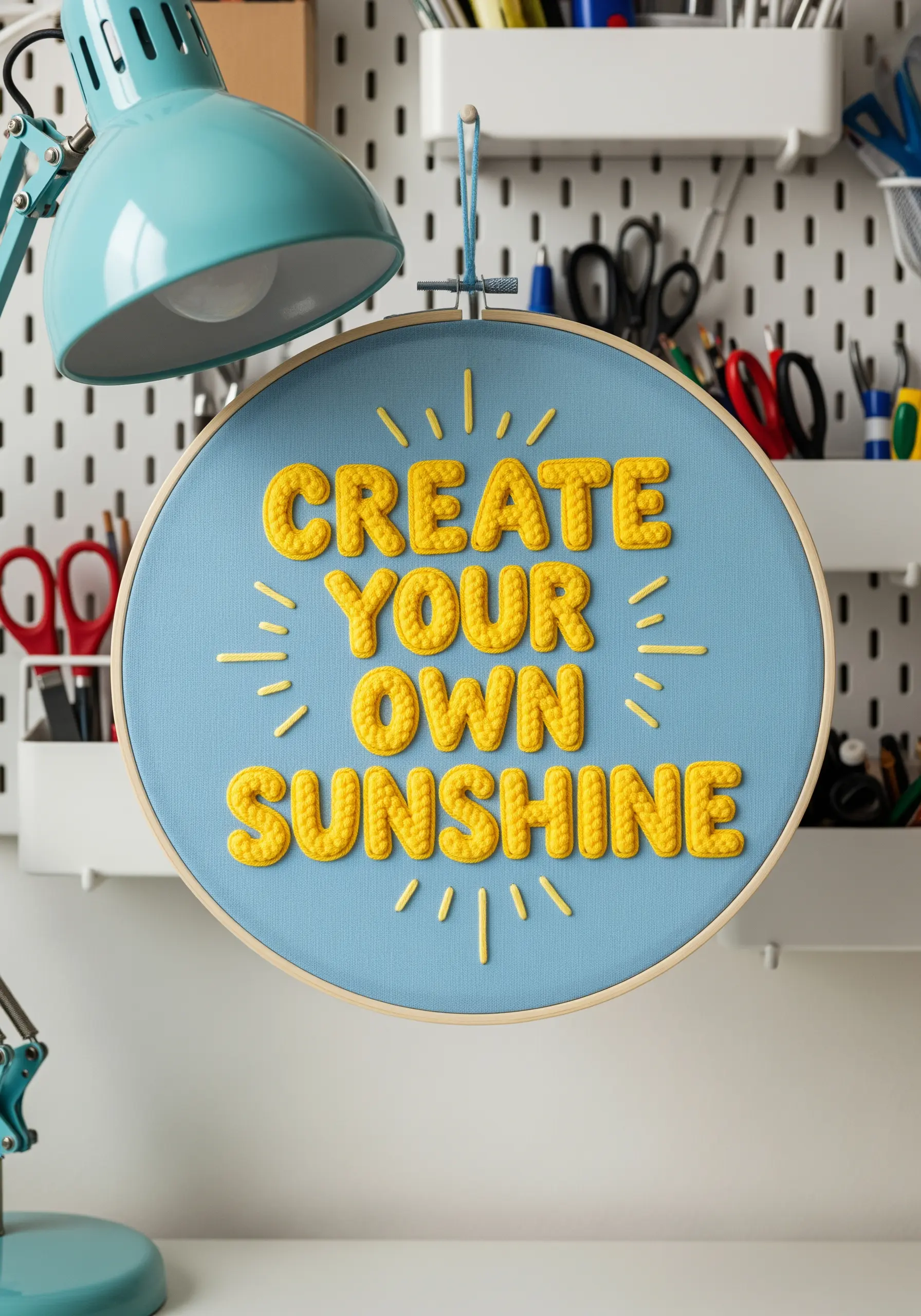 3D embroidered yellow text reading 'Create Your Own Sunshine' on blue fabric.