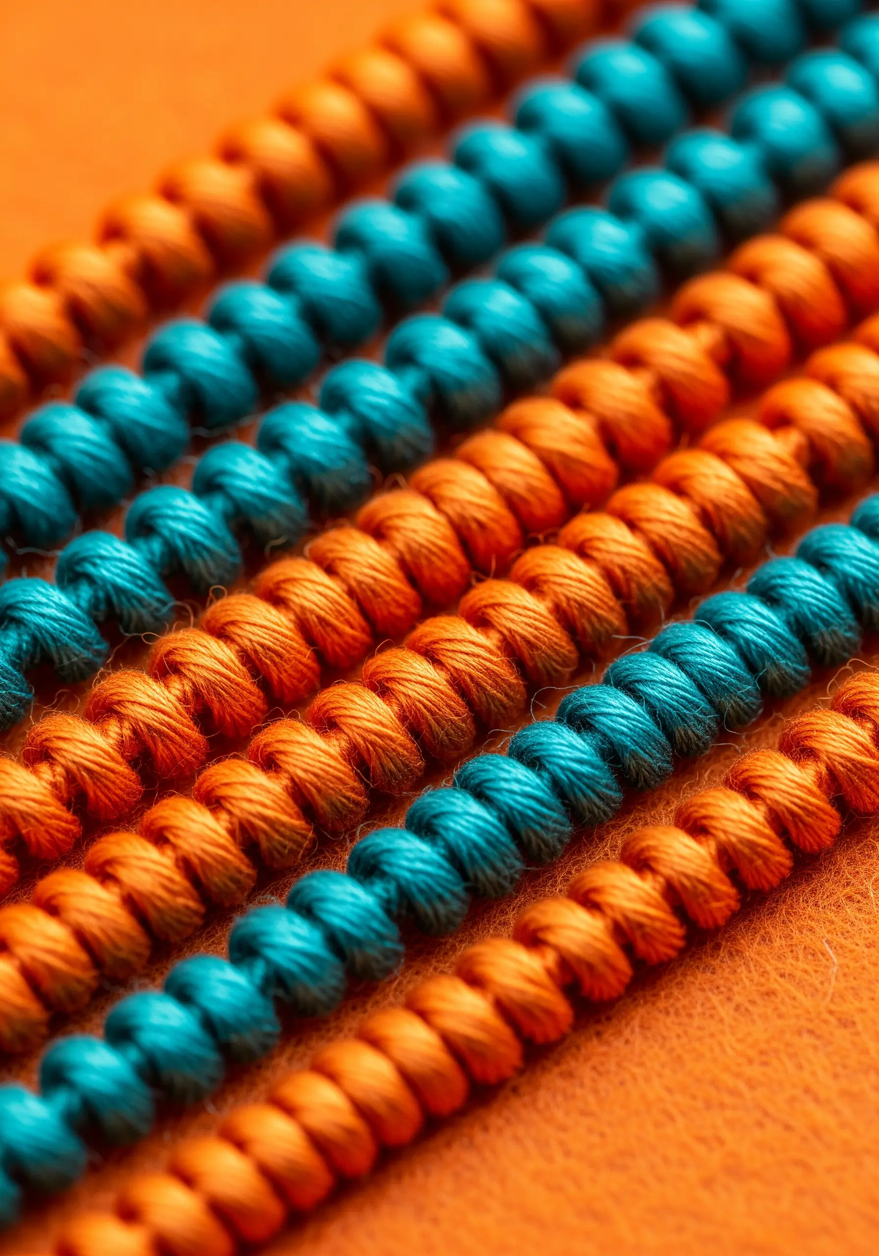 Close-up of raised, corded lines made with a whipped stitch in teal and orange.