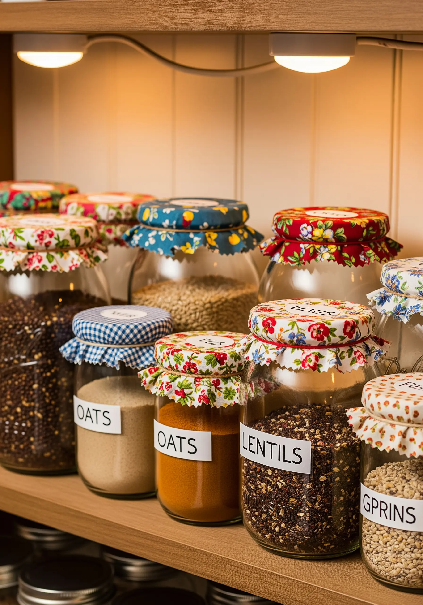 Glass pantry jars with colorful, patterned fabric scrap covers tied on.