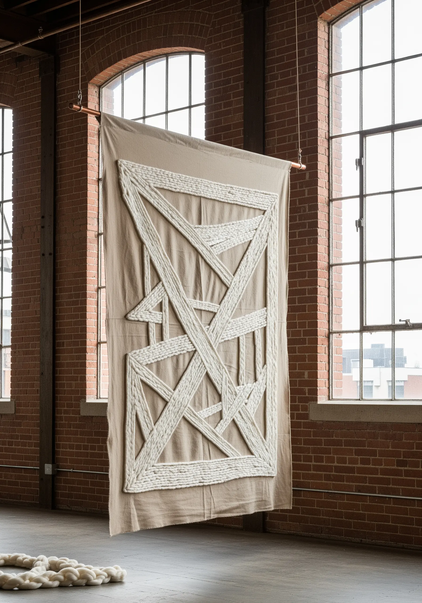 Large-scale neutral wall hanging with thick, white wool roving couched into abstract geometric lines.