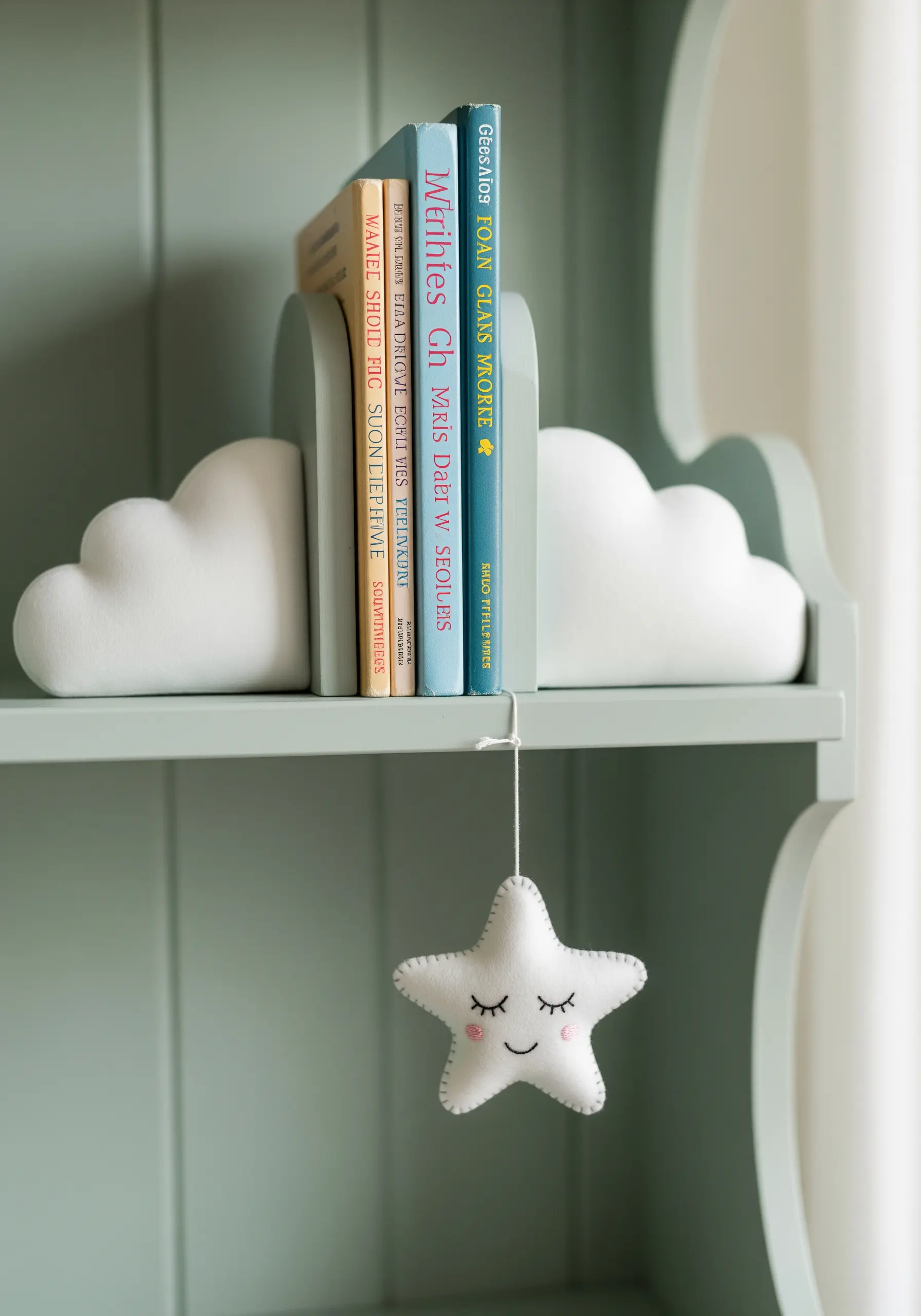 A hand-stitched white felt star plushie with a simple embroidered face.