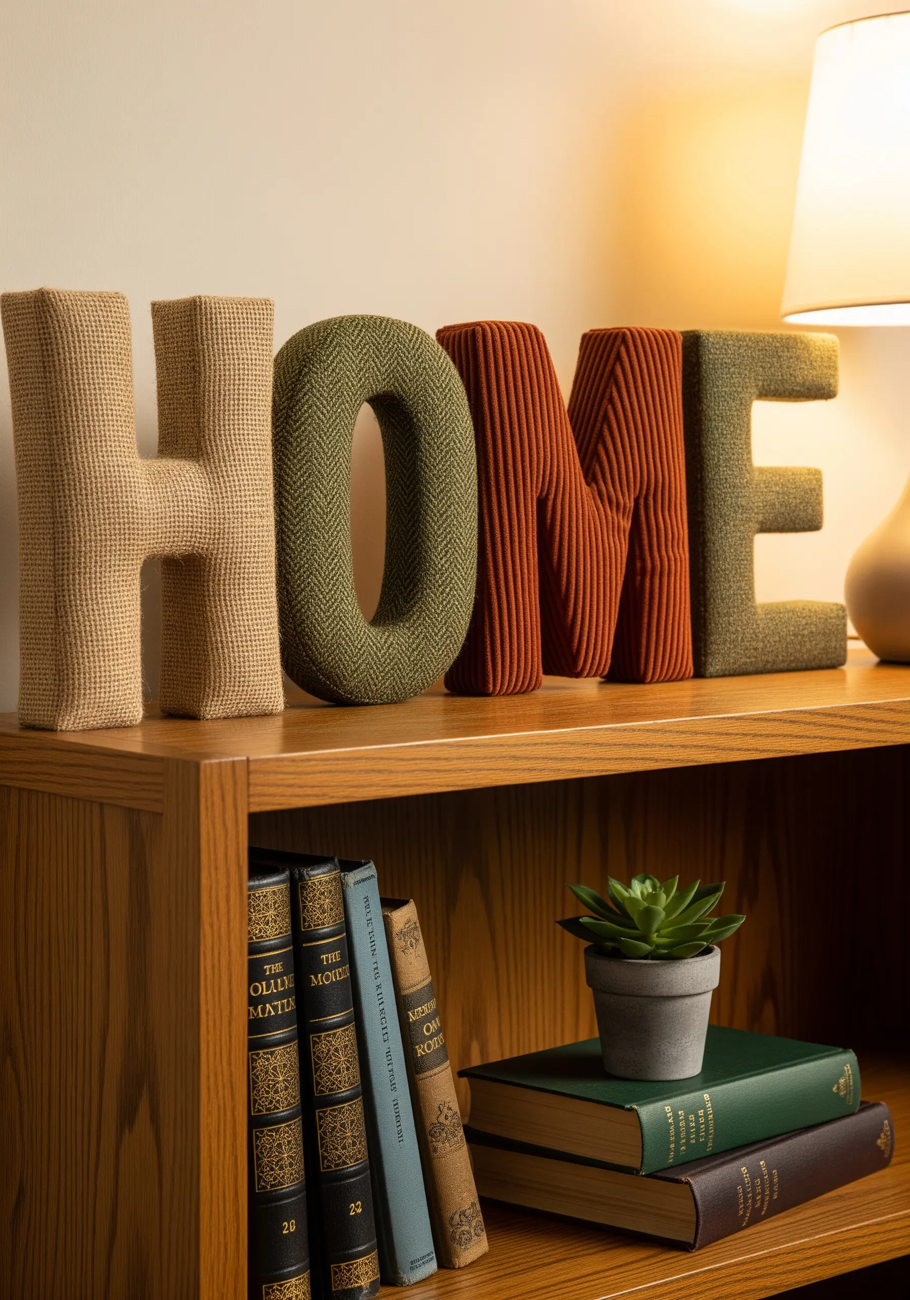 Fabric-covered letters spelling HOME with varied textures on a wooden shelf.