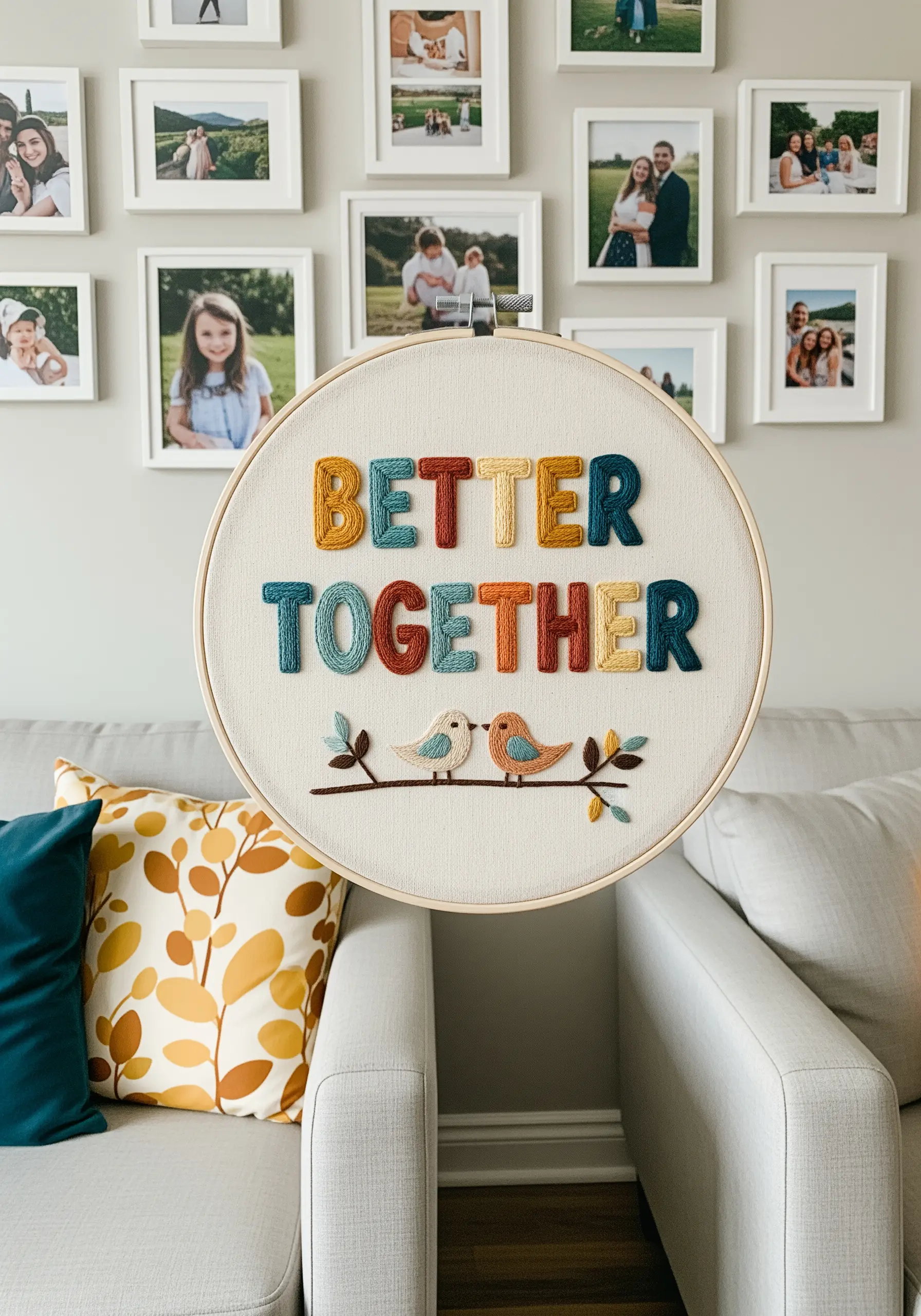 A 'Better Together' quote with highly textured, multi-colored letters made of French knots.