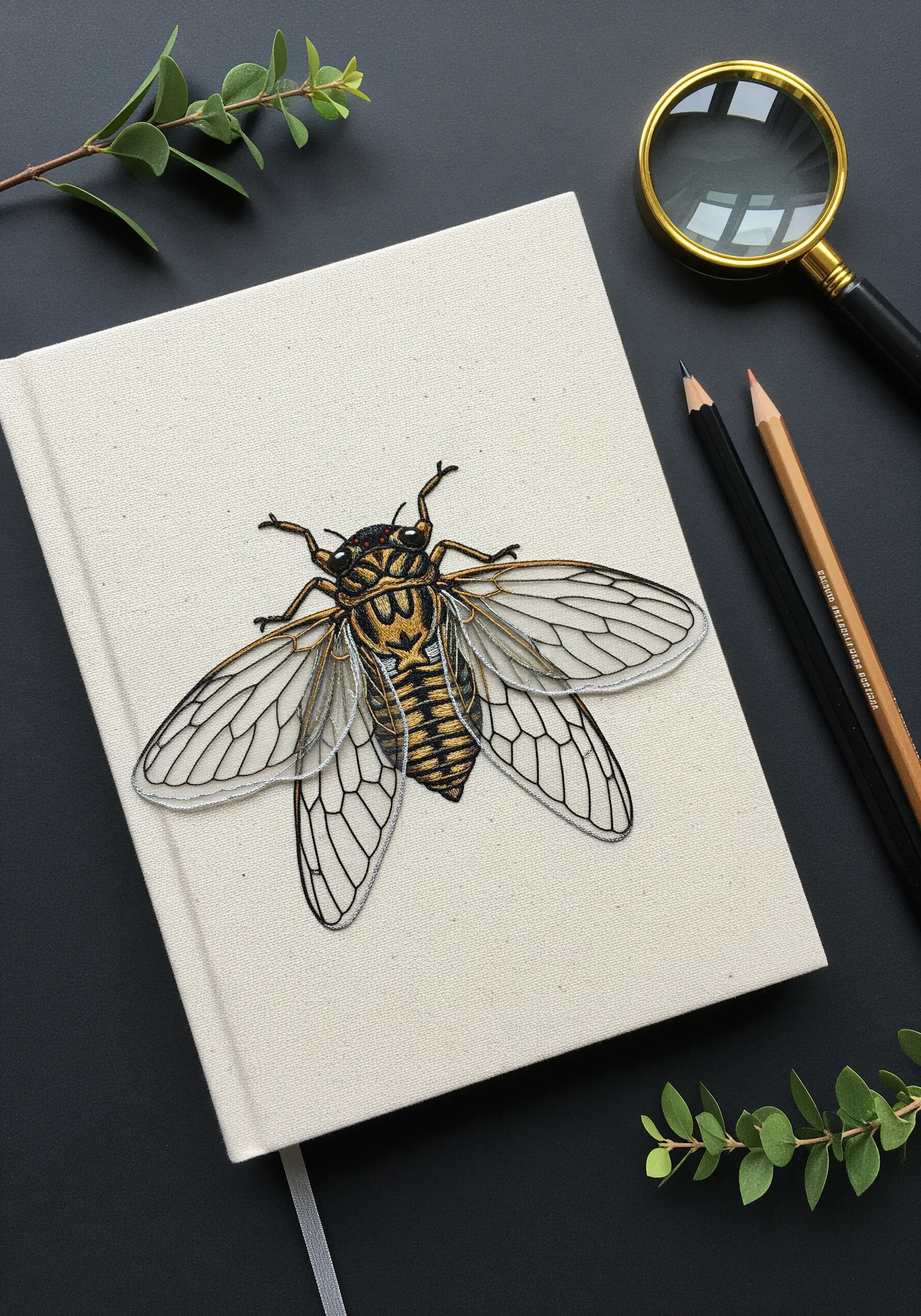 A hyper-realistic embroidered cicada with delicate, translucent wings on a canvas journal cover.