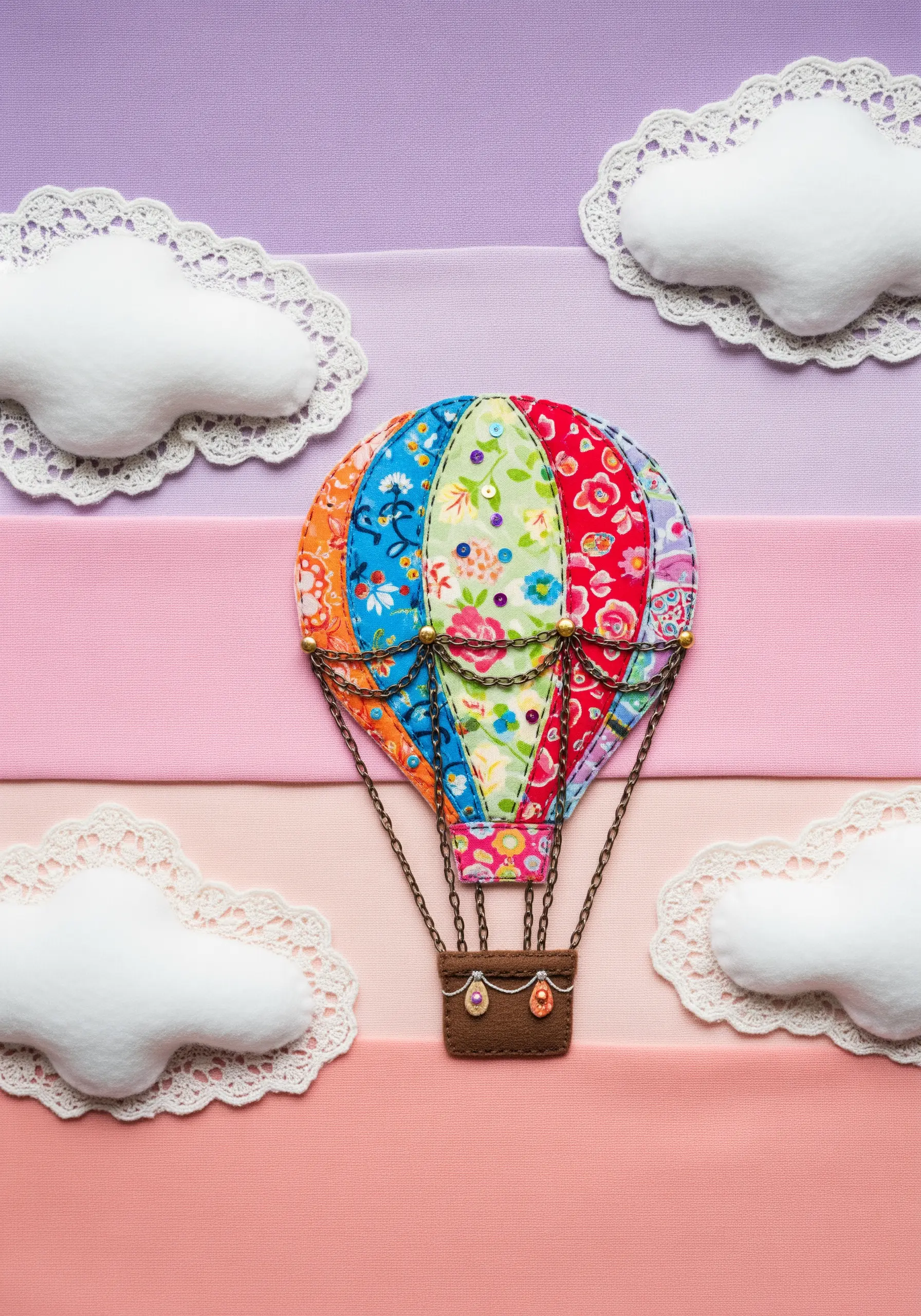 A mixed-media hot air balloon made with patchwork fabric, felt clouds, and lace details.