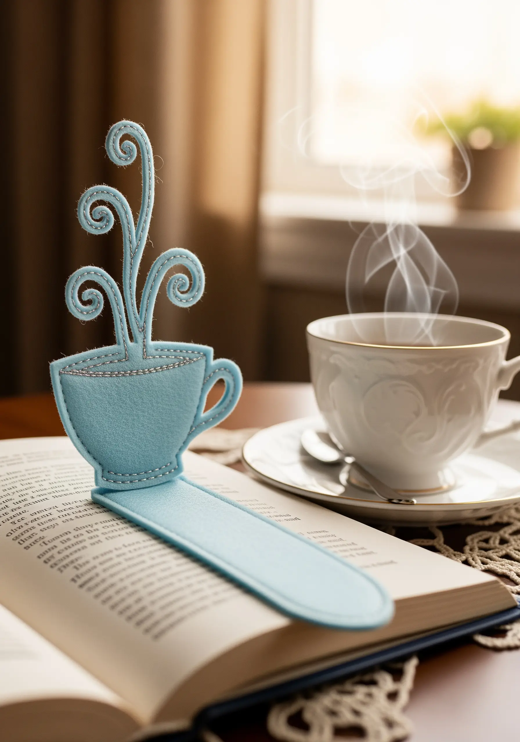 Blue felt coffee cup bookmark made with appliqué and simple embroidery stitches.