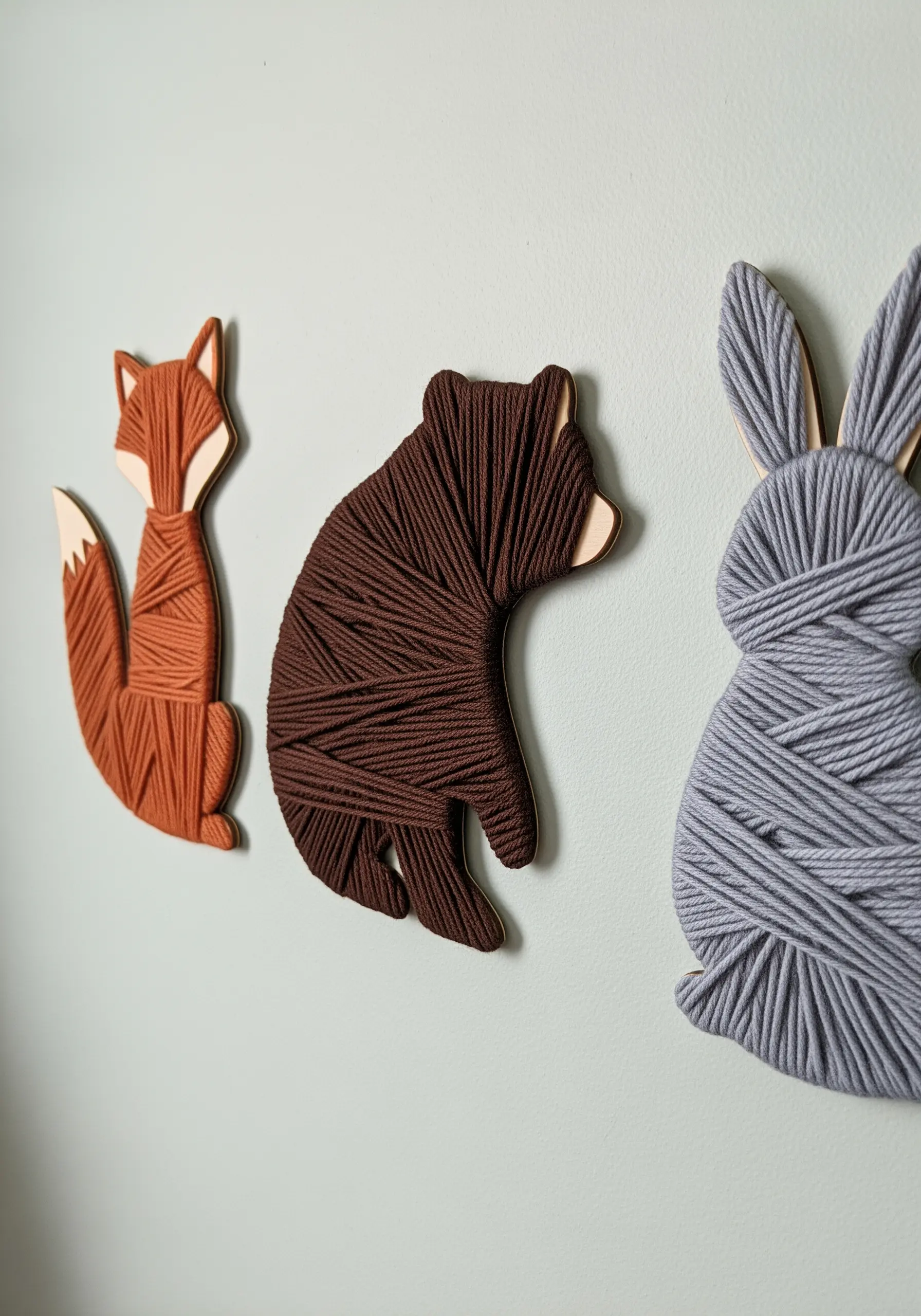 Three yarn-wrapped wooden animal silhouettes—a fox, a bear, and a rabbit—on a light green wall.