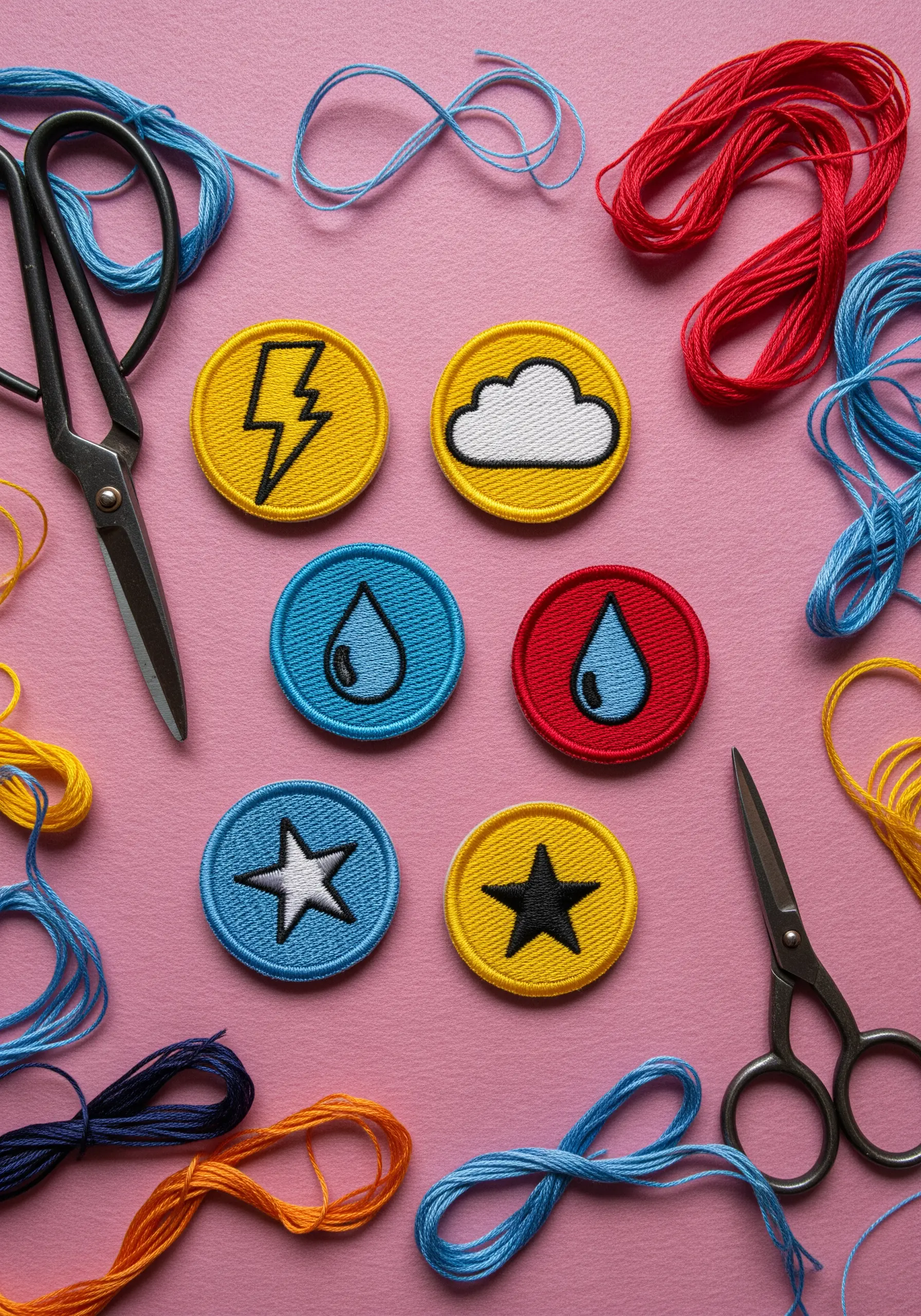 A collection of colorful, round embroidered patches with graphic icons.