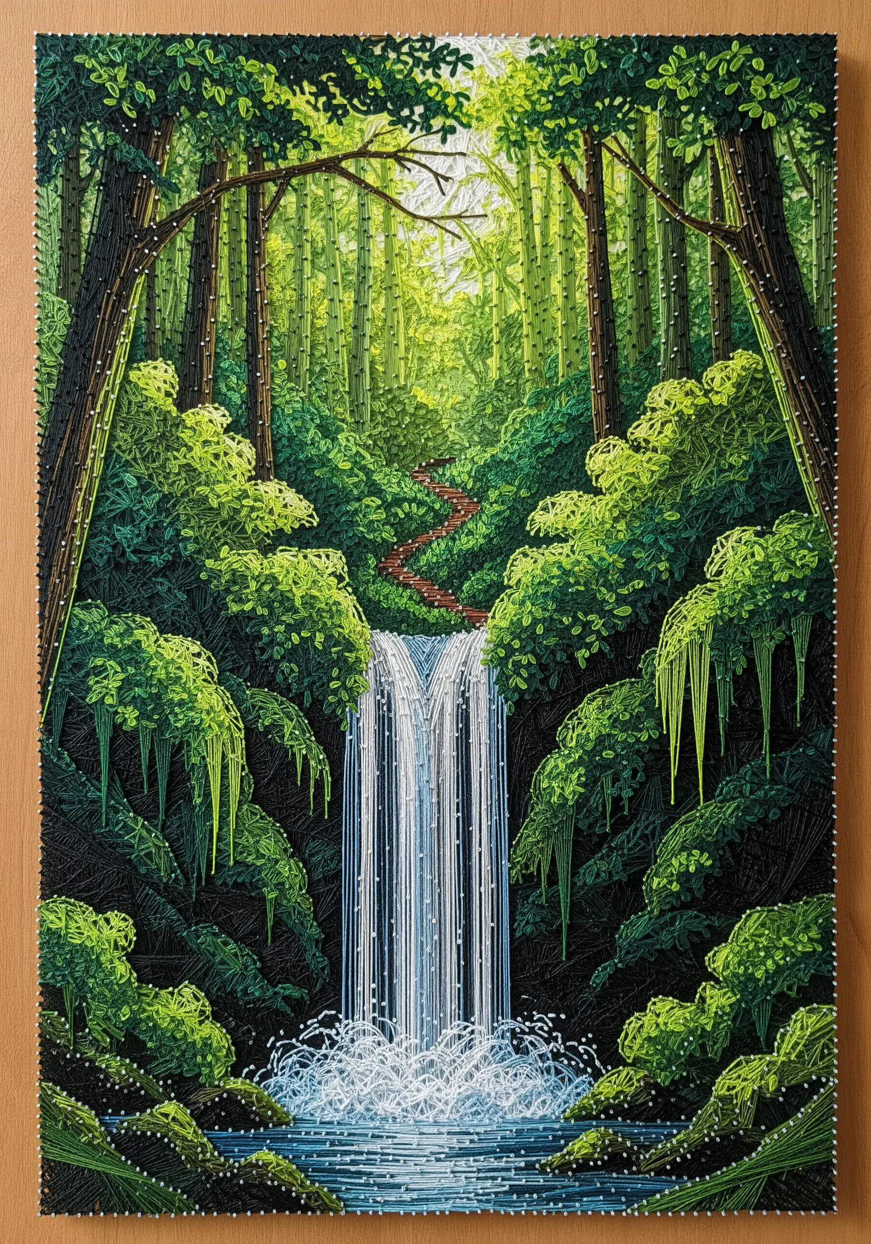 Detailed string art of a waterfall in a lush green forest with dense foliage.