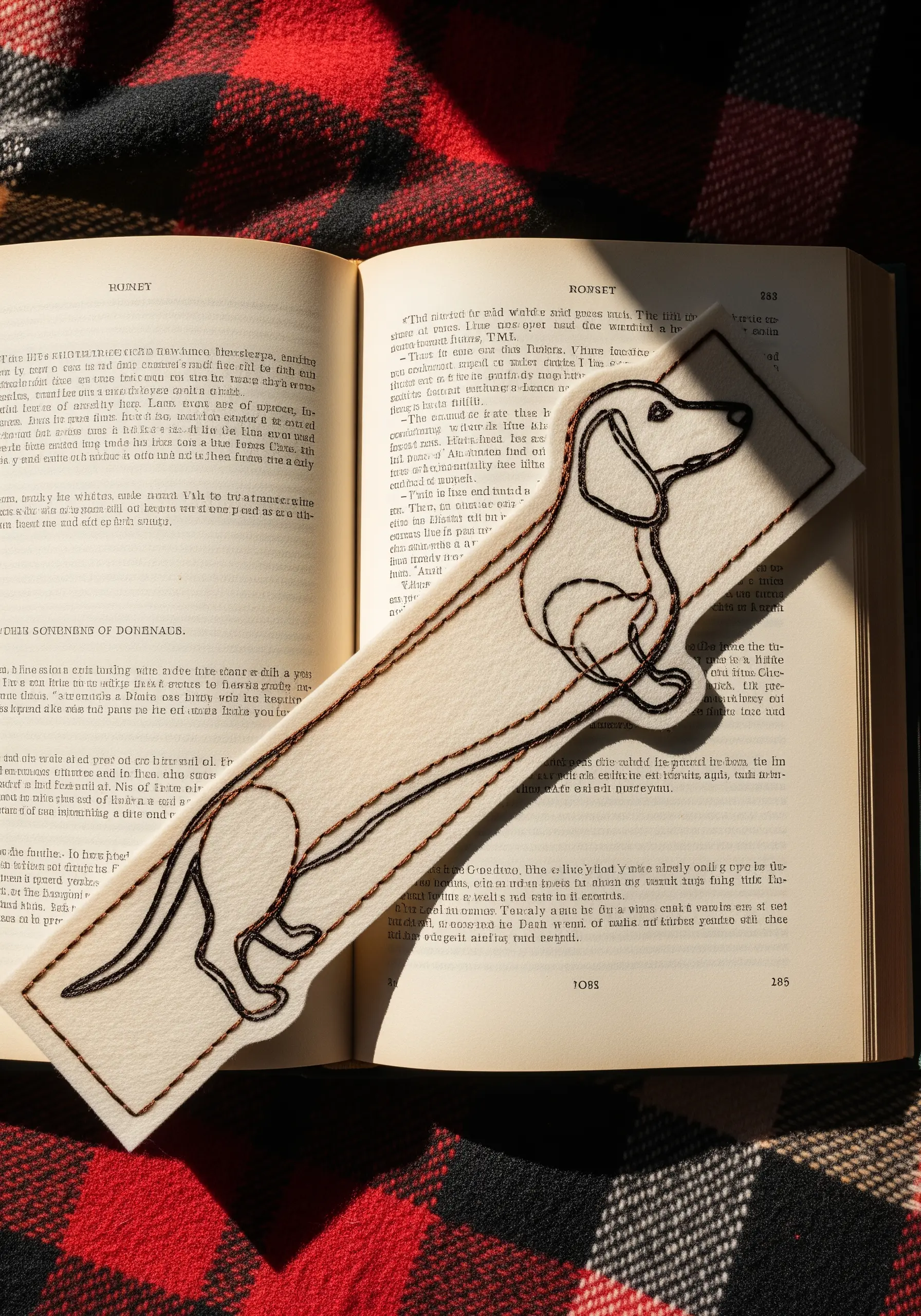 An embroidered dachshund bookmark made from two layers of felt.