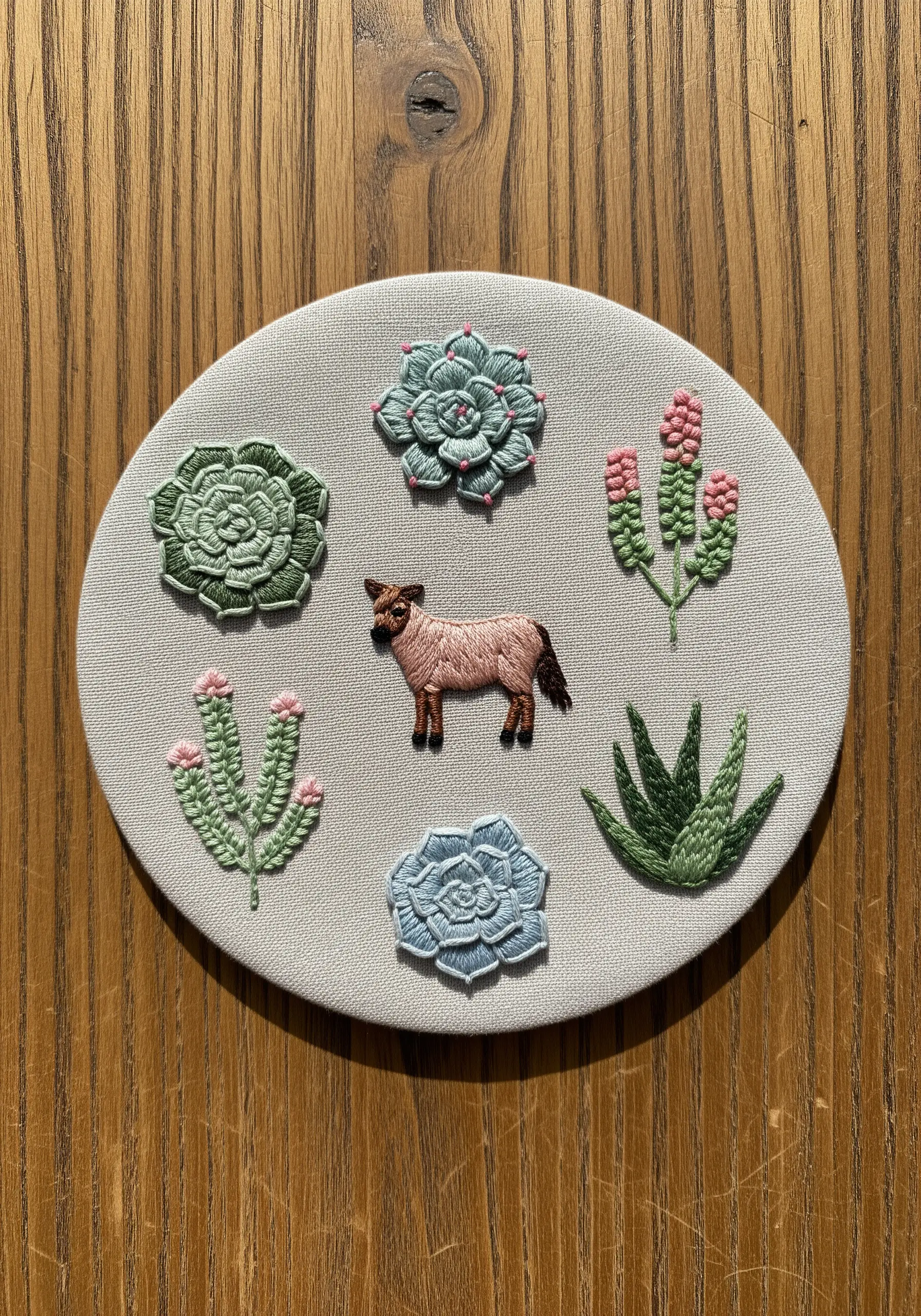 Hoop art with various 3D embroidered succulents and a small fox.