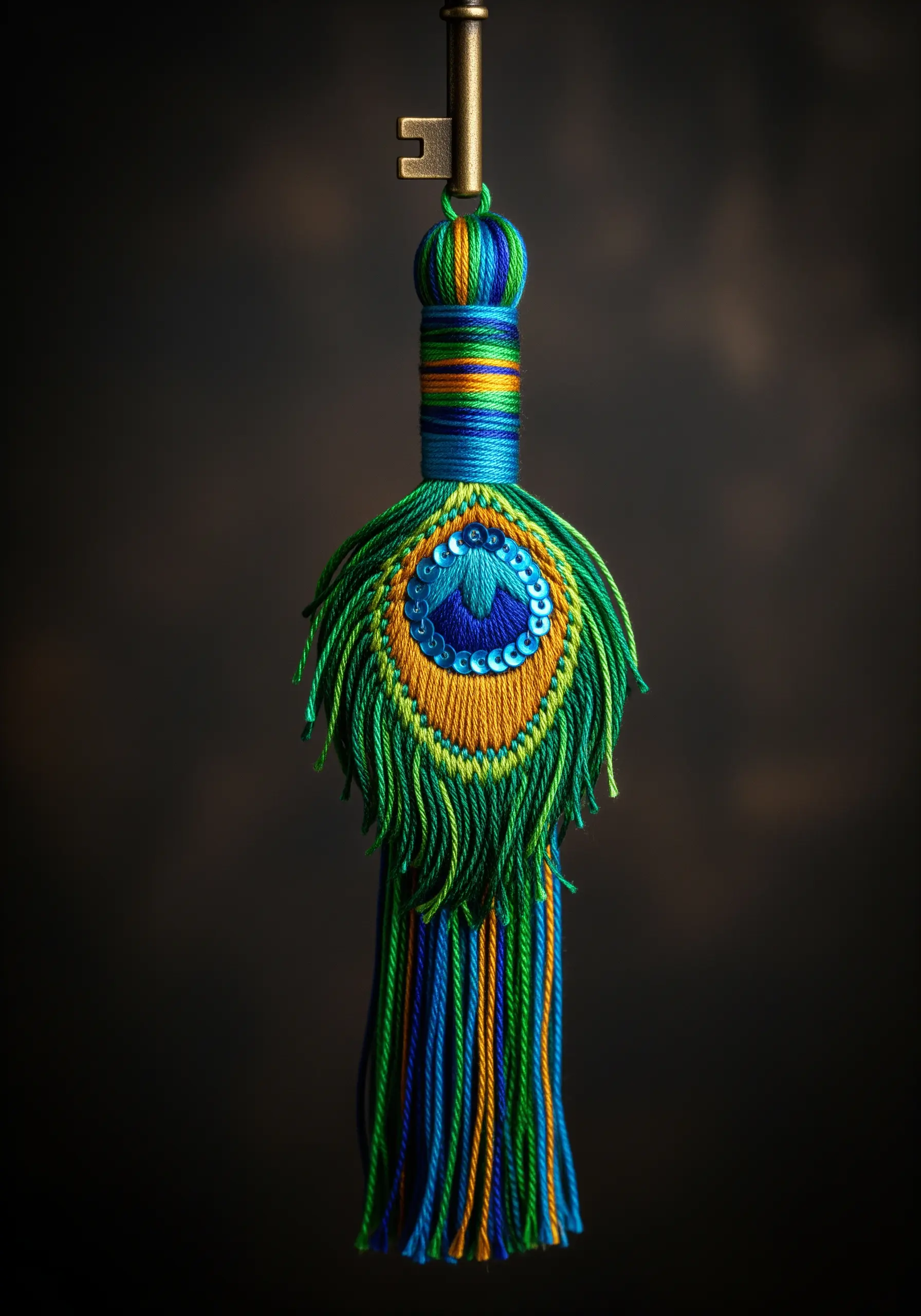A vibrant peacock feather-themed tassel with embroidery and sequins.
