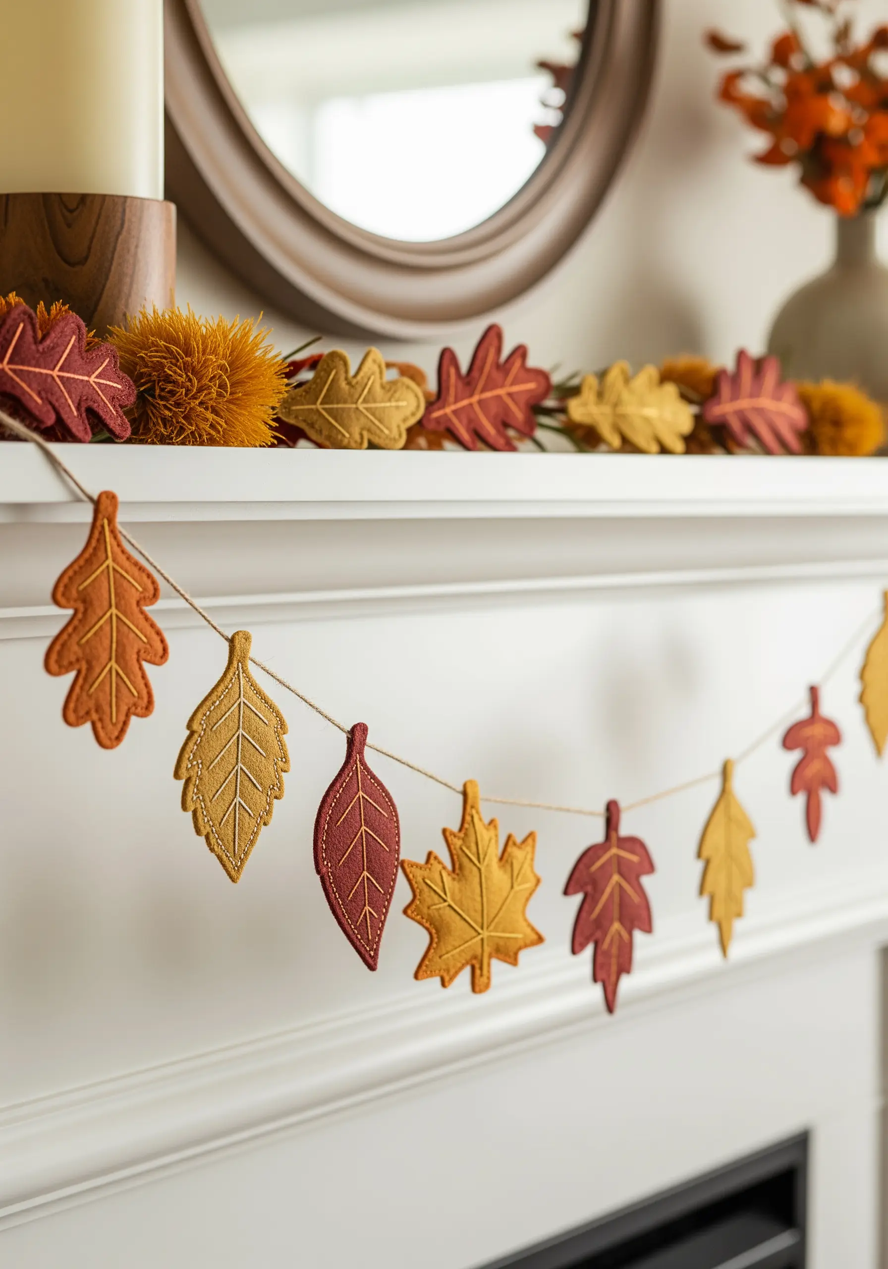 An autumn-themed garland made of embroidered felt leaves in red, yellow, and orange.