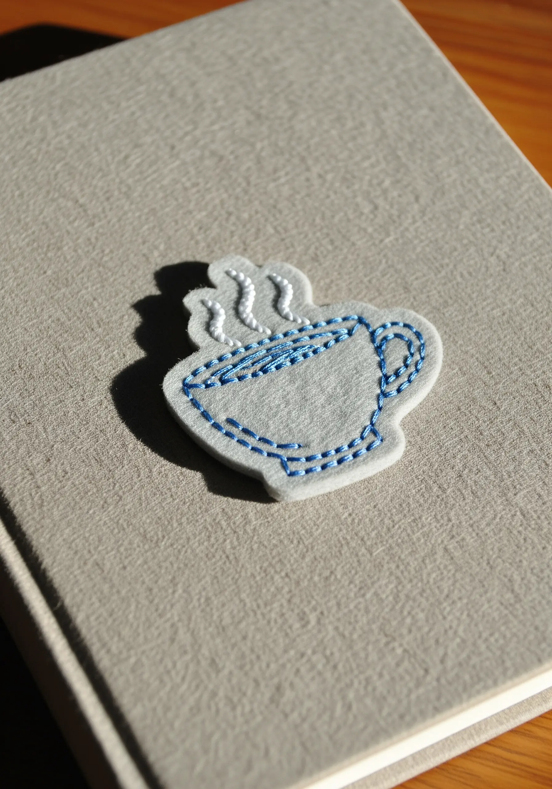 Hand-embroidered felt patch of a steaming coffee cup with blue thread.