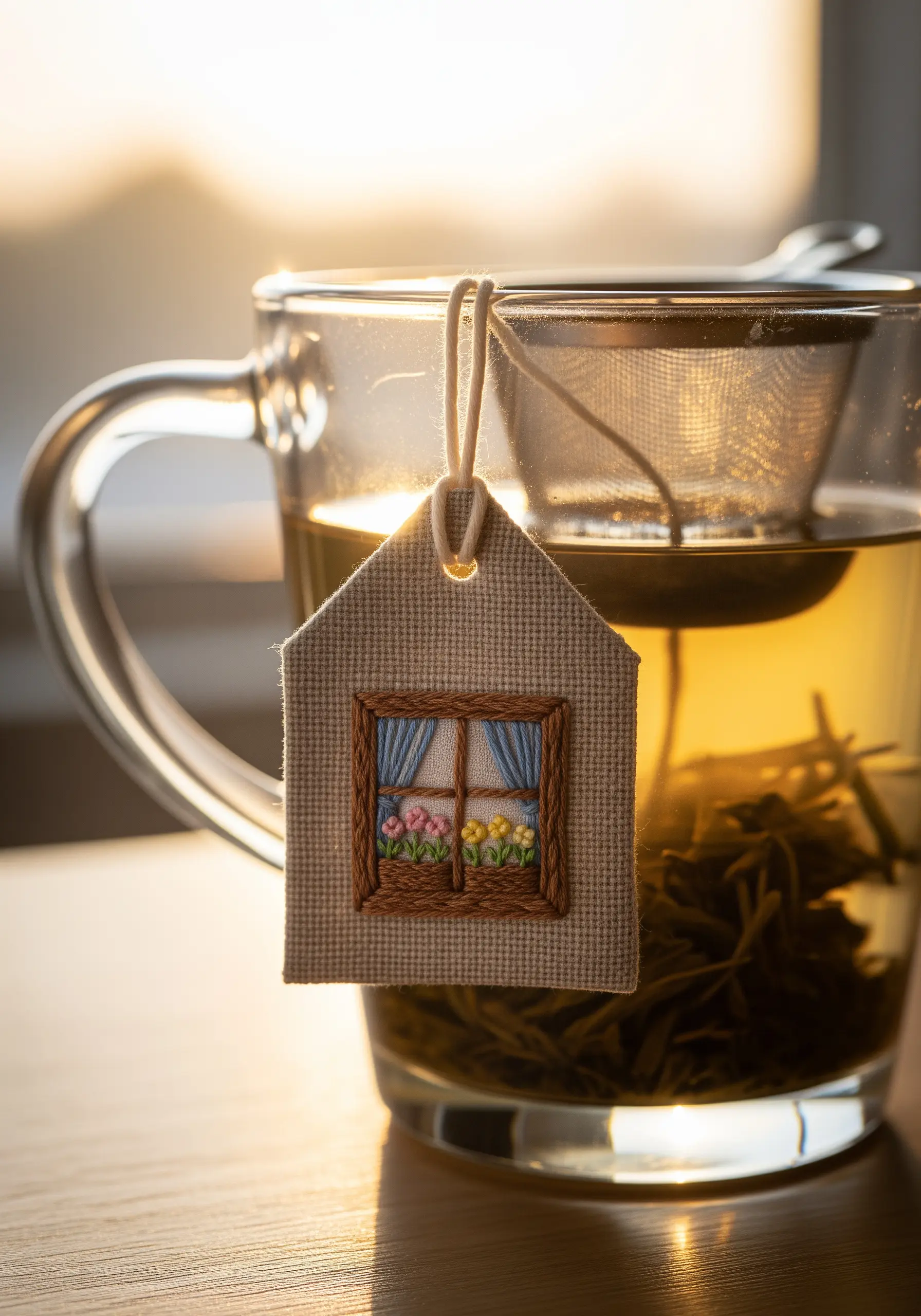 A tiny, house-shaped tea tag with an embroidered window scene.