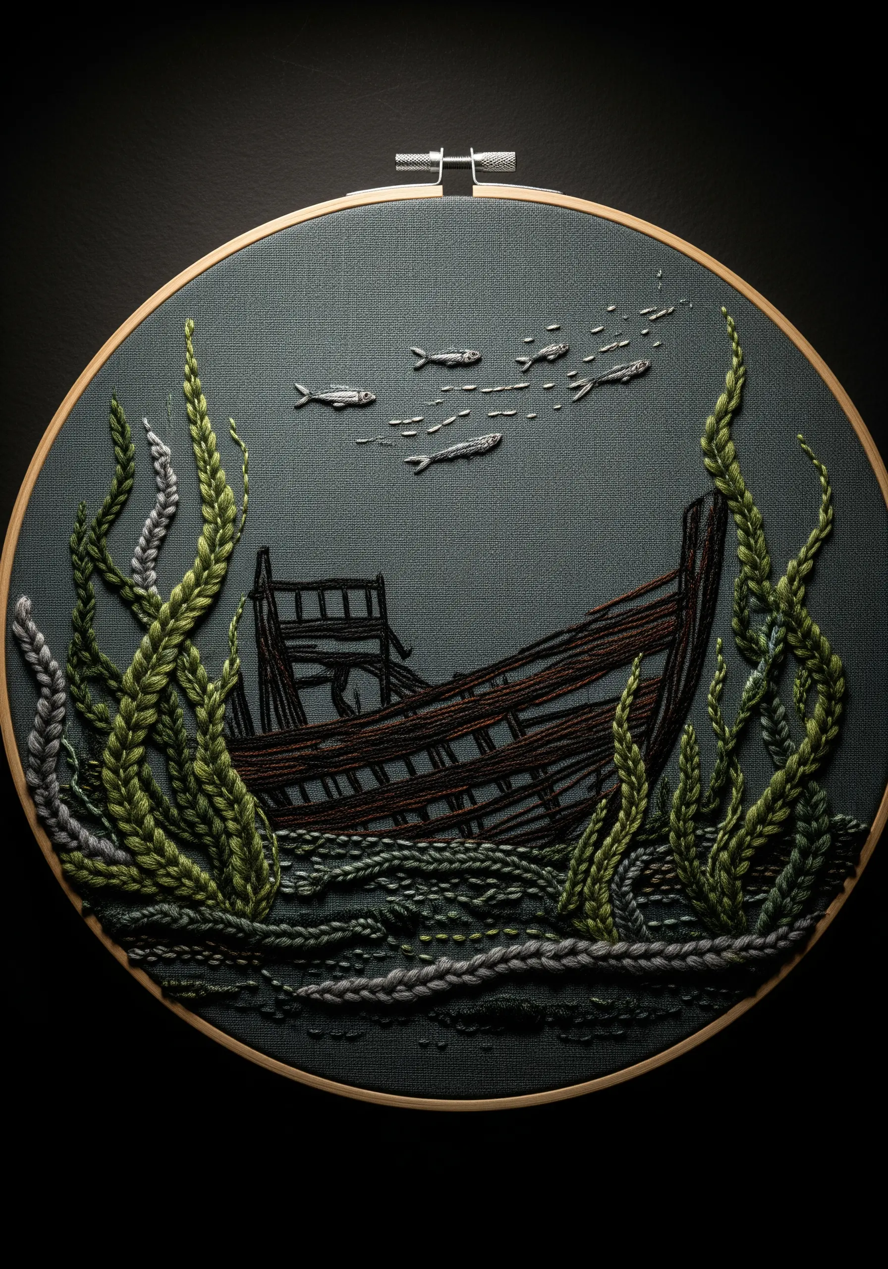Embroidered shipwreck scene on dark fabric with textured thread for seaweed.