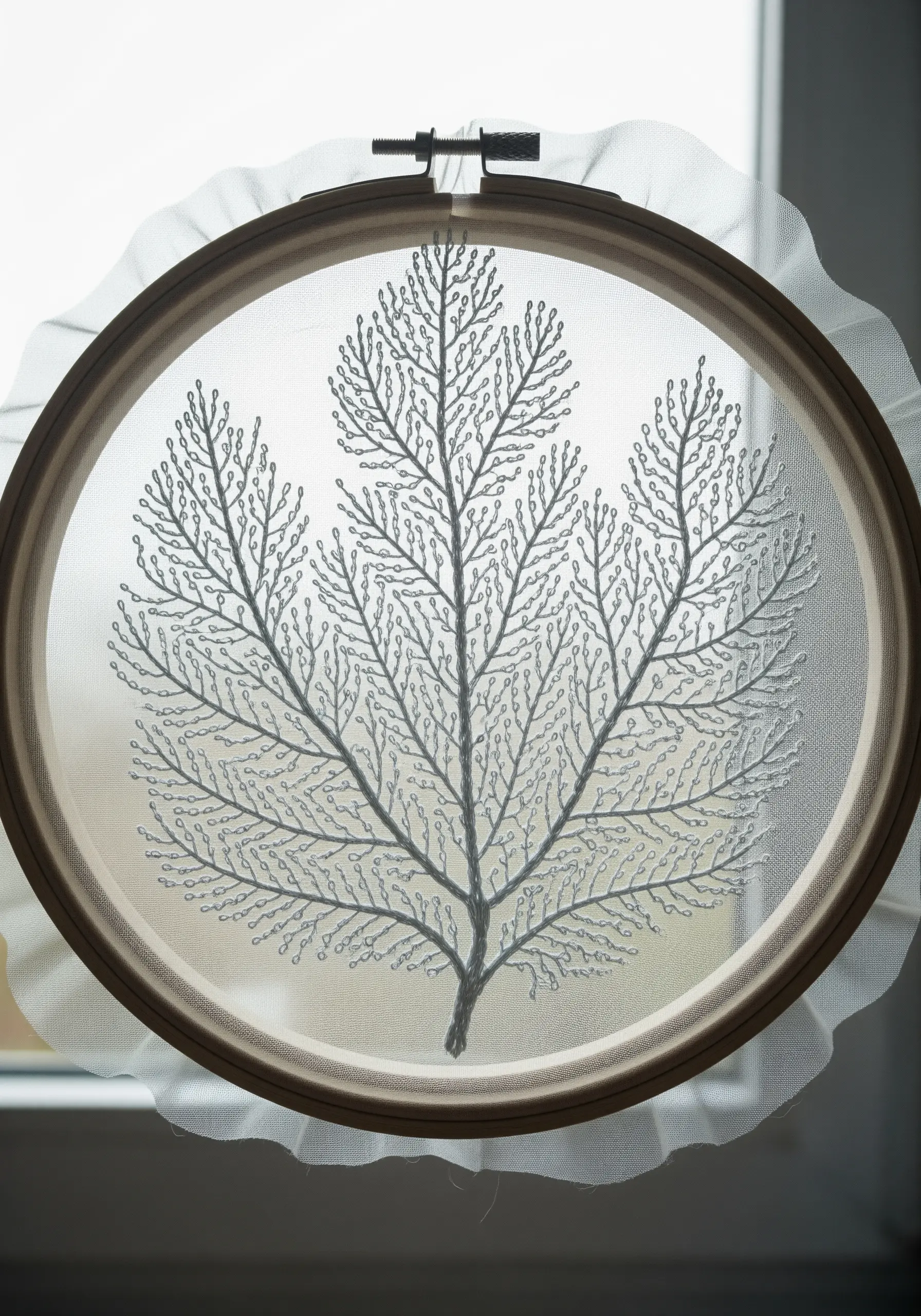 Delicate sea fan coral embroidered with backstitch on a sheer tulle fabric.