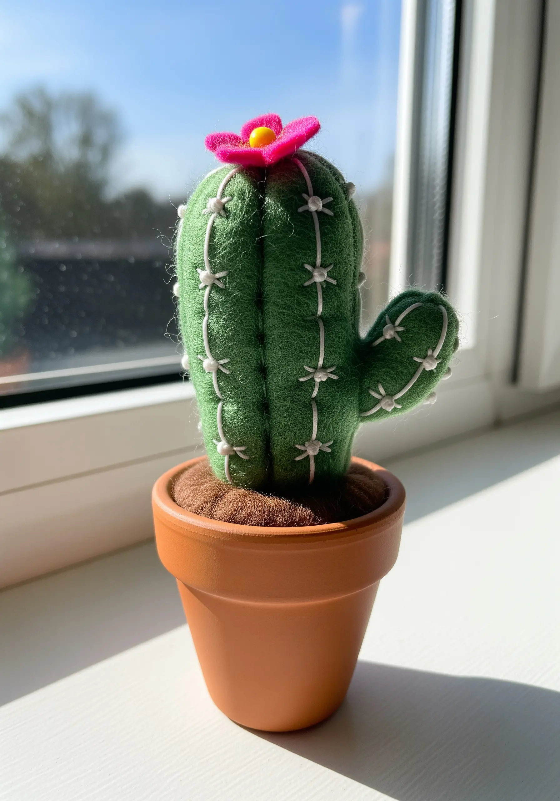 A 3D felt cactus with white embroidered spines and a pink flower, in a tiny terracotta pot.