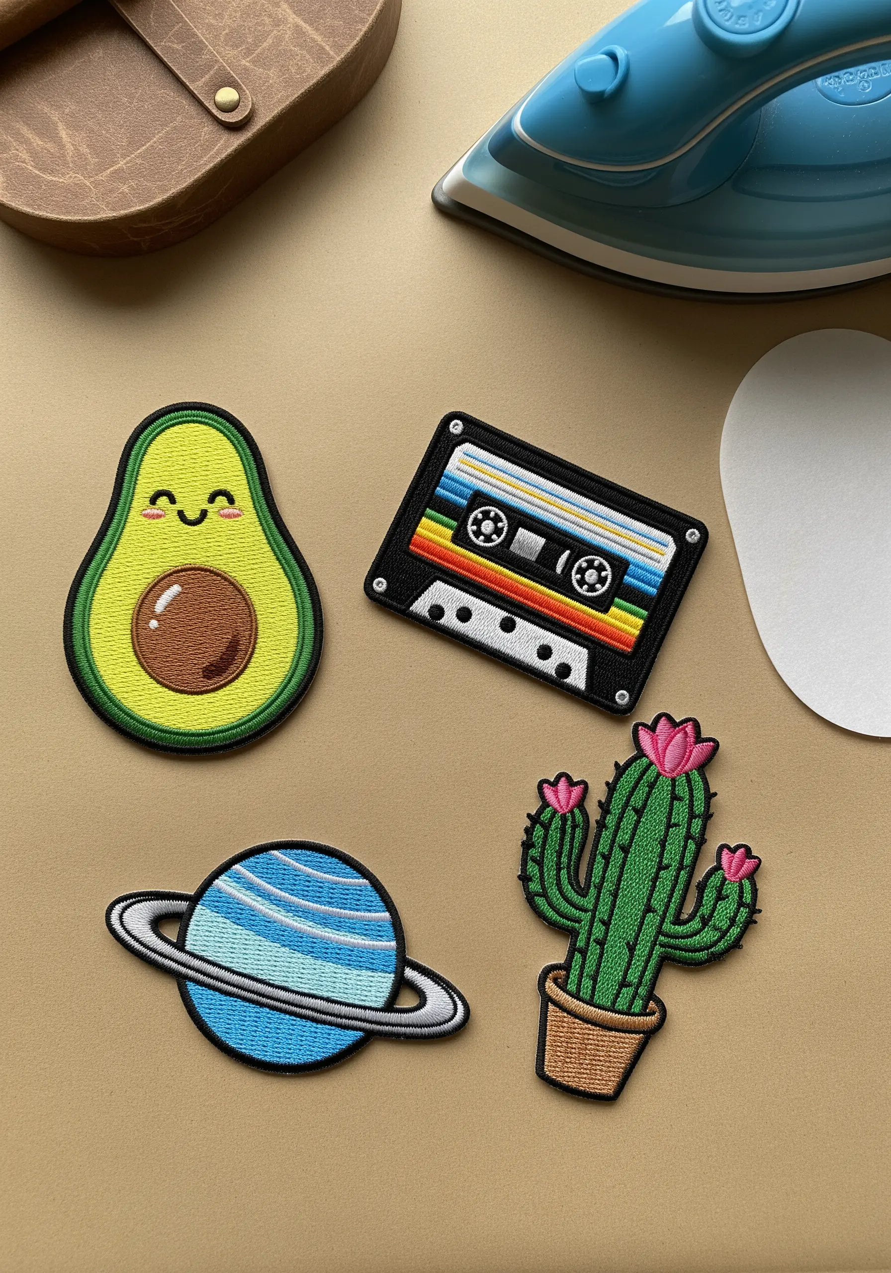 A collection of retro-themed embroidered patches, including a cassette tape and an avocado.