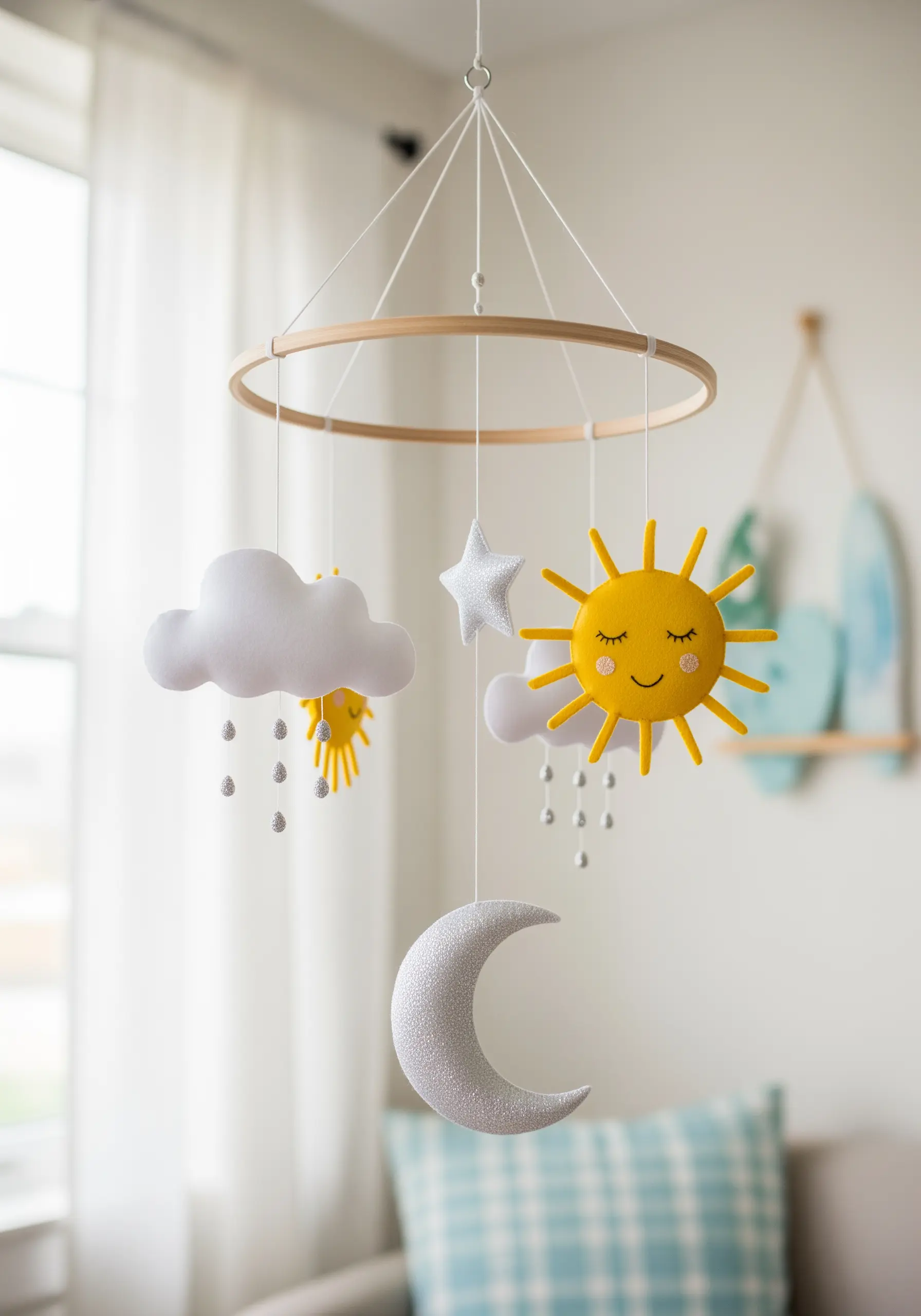 A handmade nursery mobile with soft, embroidered felt shapes of a sun, moon, and clouds.