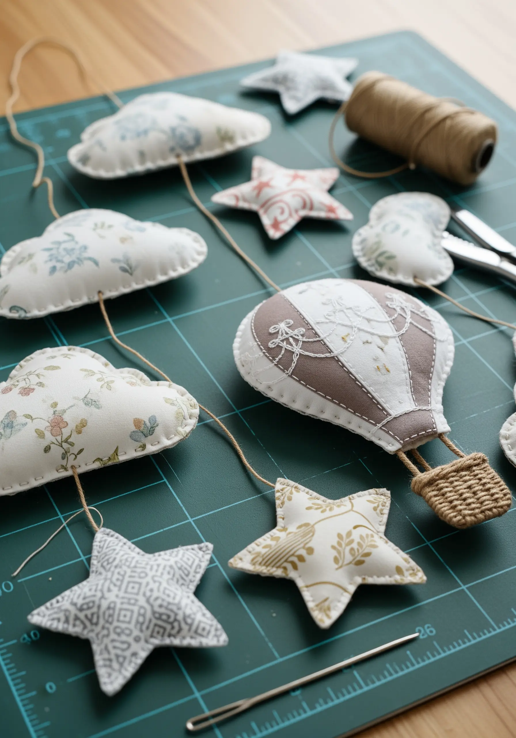 Hand-sewn and embroidered soft sculptures of a hot air balloon, clouds, and stars for a mobile.