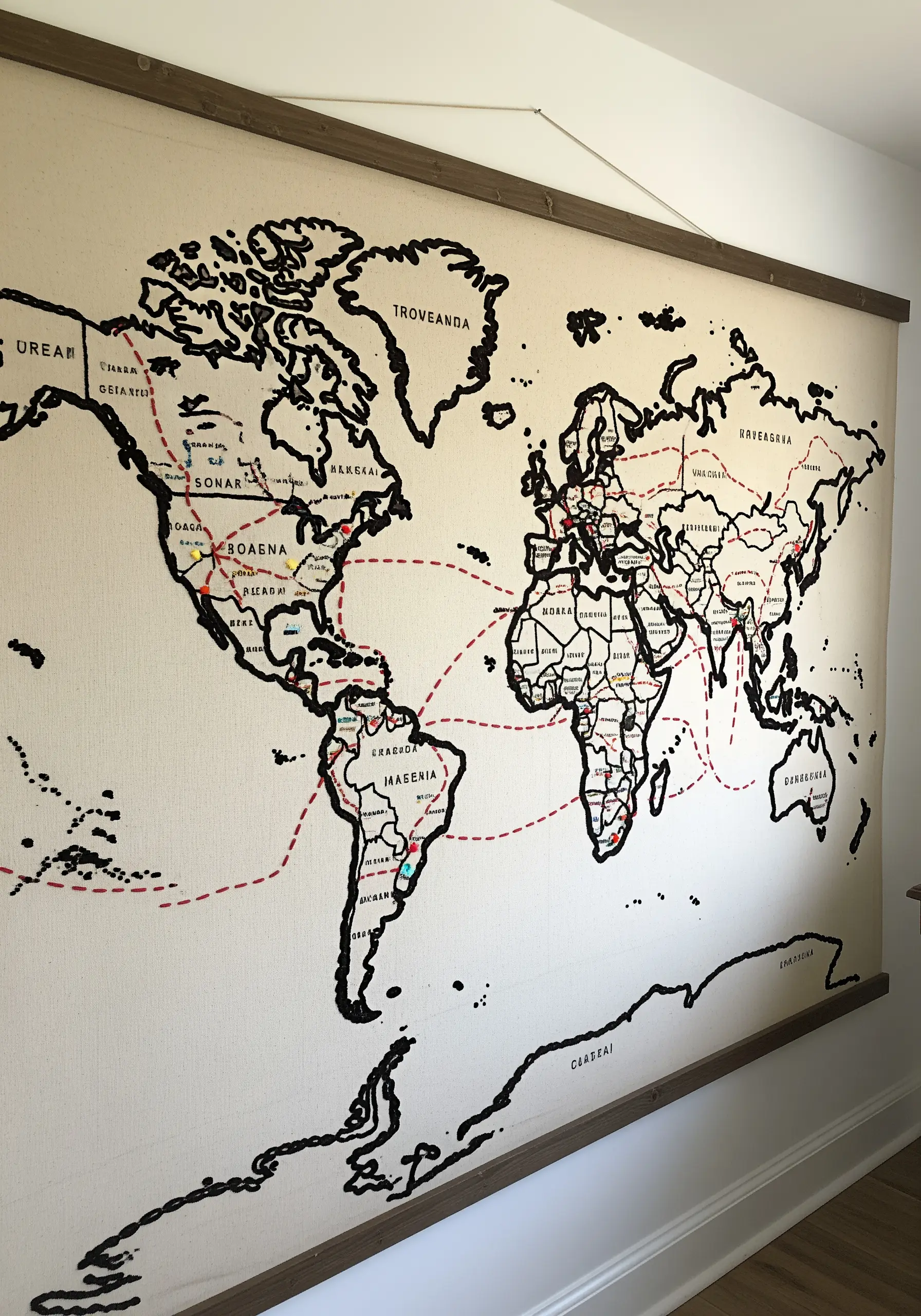 A large embroidered world map wall hanging with stitched travel routes.