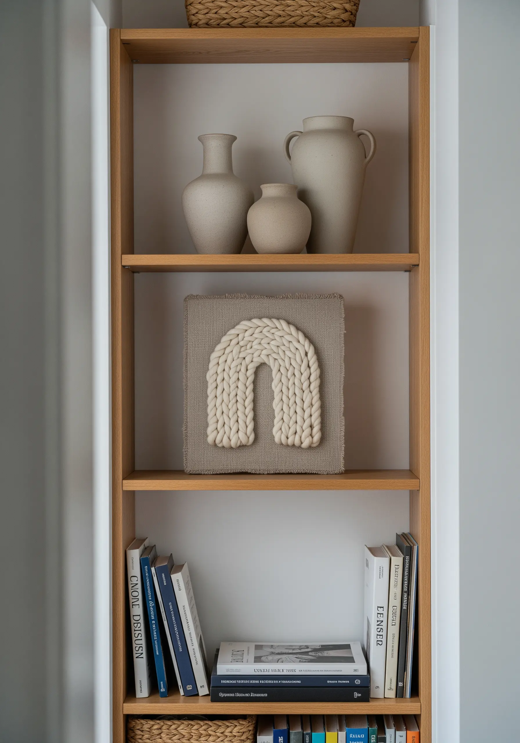 A thick, braided yarn rainbow couched onto linen in a square frame