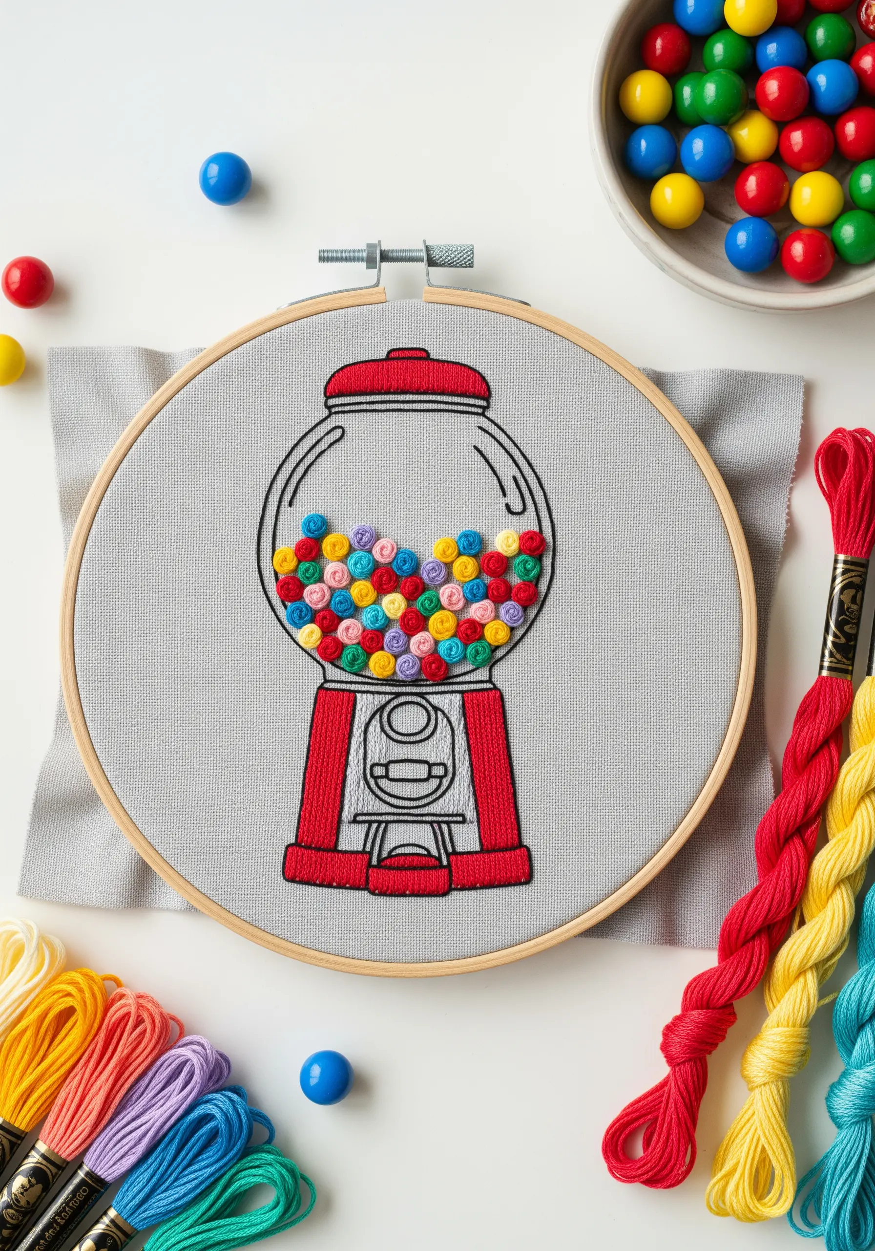 A gumball machine embroidery with colorful, three-dimensional woven picot stitches for gumballs.