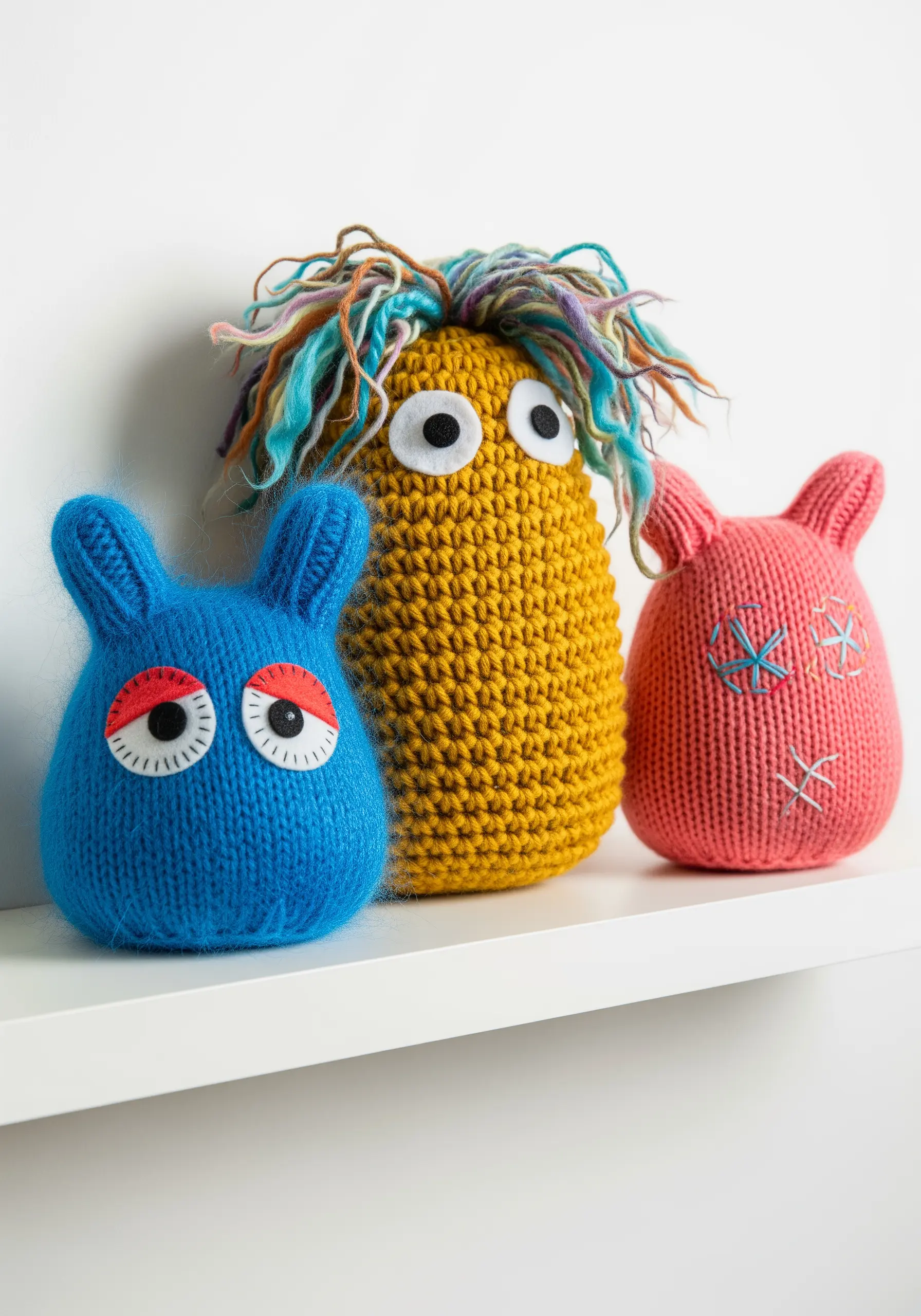 Three knitted monster dolls in blue, yellow, and pink with felt eyes and yarn hair.