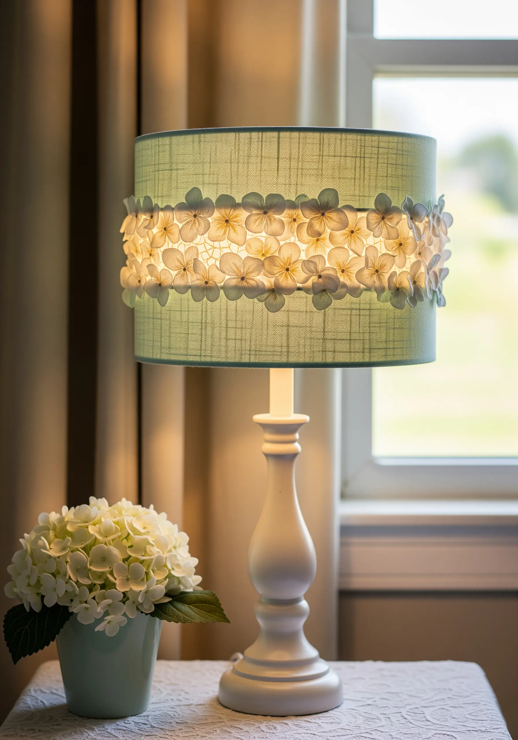 Lampshade decorated with a band of three-dimensional white hydrangea florets.