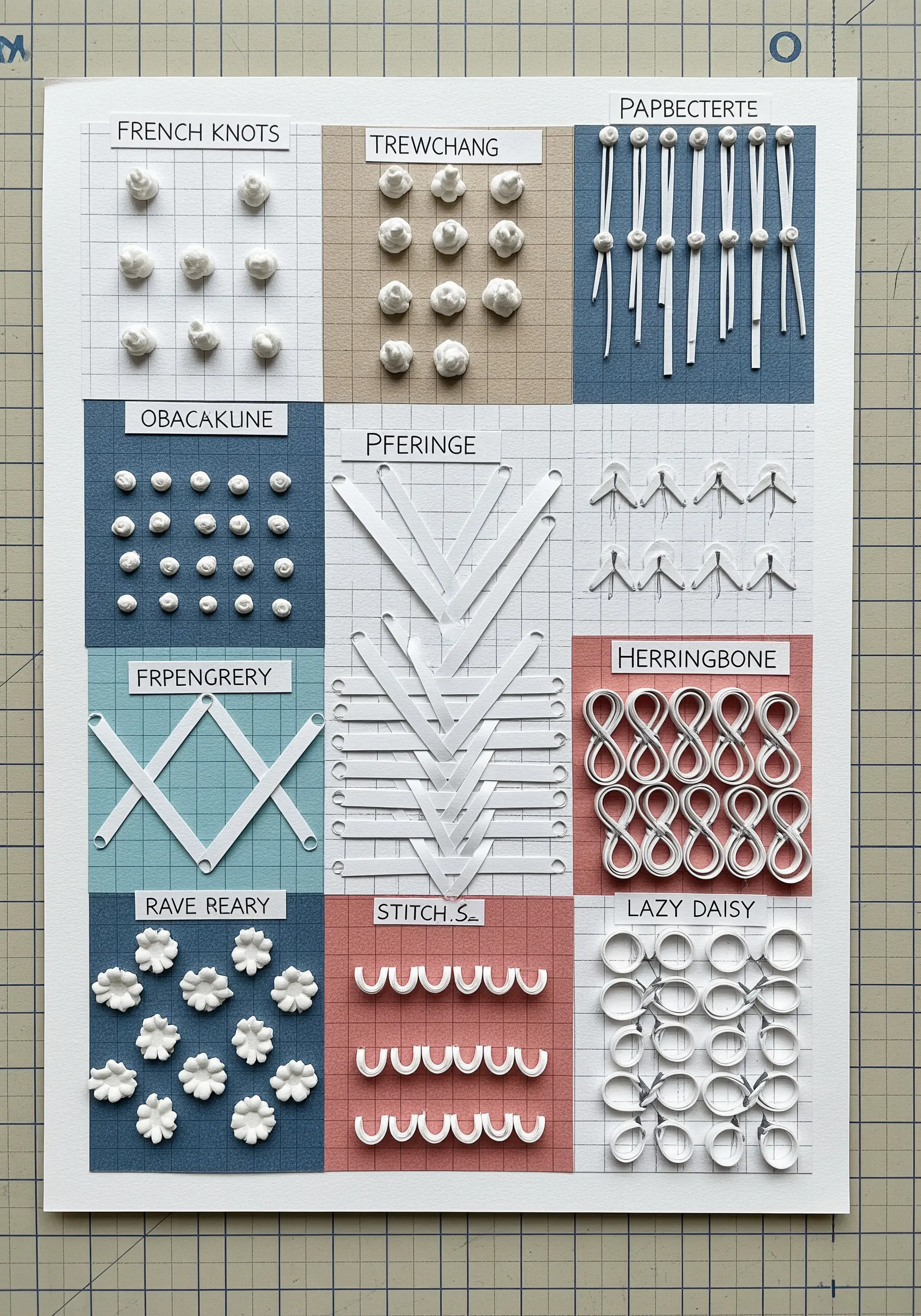 A sampler grid showcasing different embroidery stitches recreated with sculpted white paper.