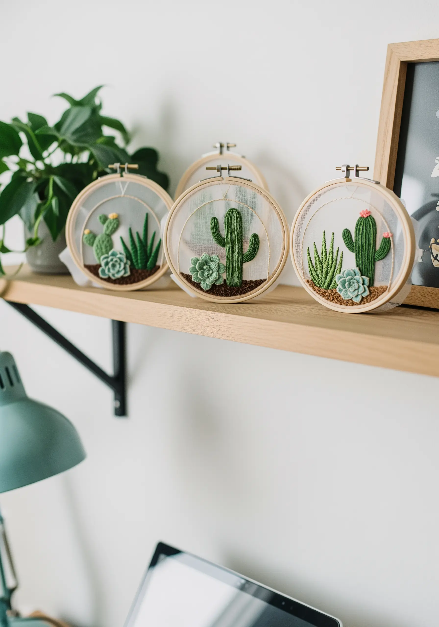 A trio of embroidery hoops with 3D embroidered cacti and succulents on sheer fabric.