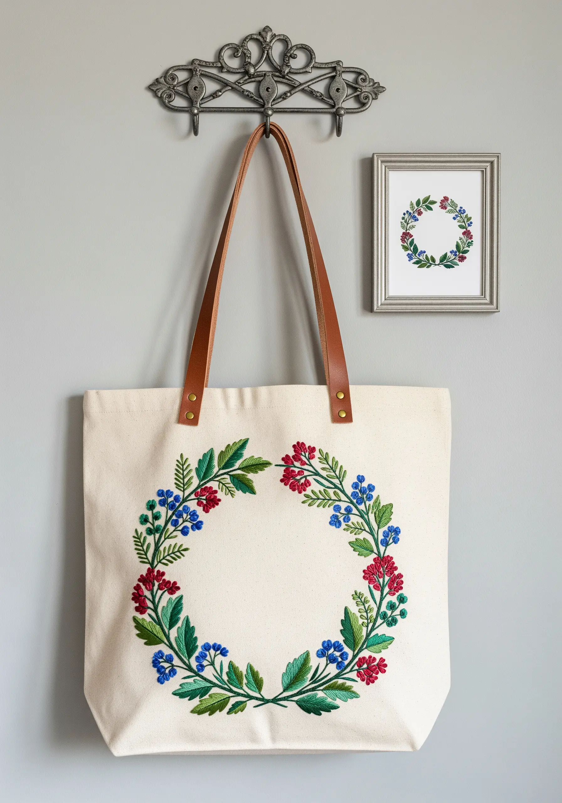 A large canvas tote bag with a hand-embroidered floral and berry wreath.