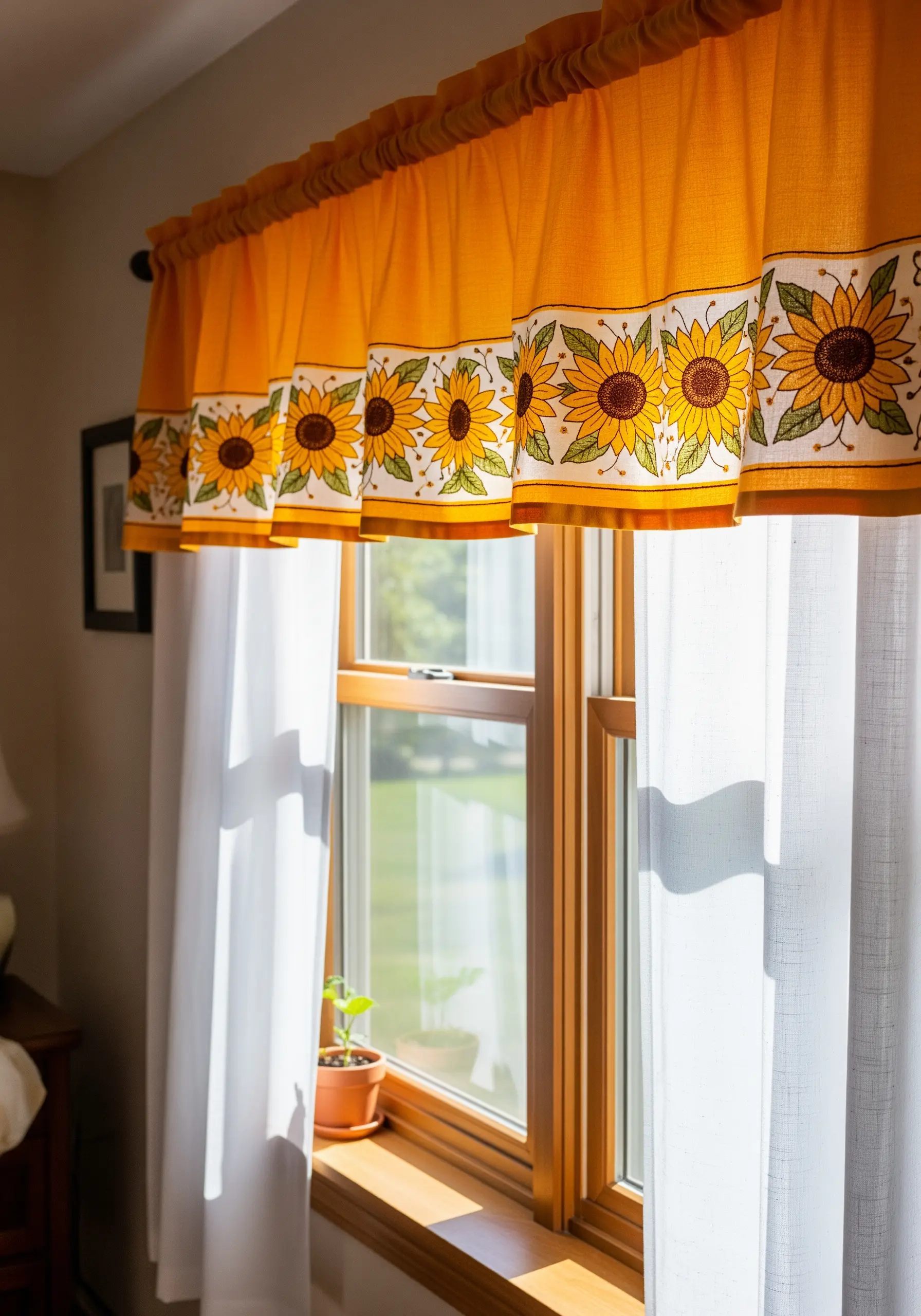 A yellow window valance with a repeating pattern of bold, embroidered sunflowers.