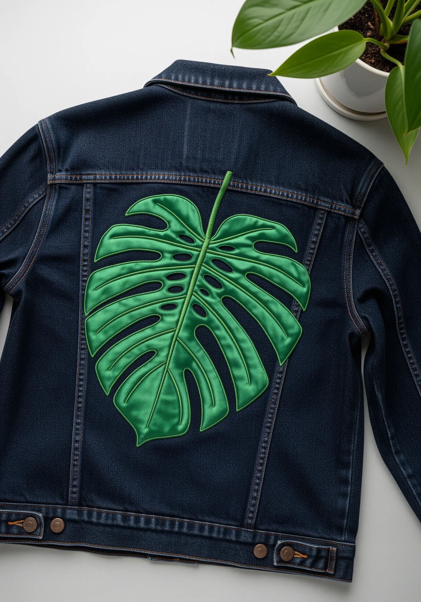 A large, smooth green monstera leaf embroidered on the back of a dark denim jacket.