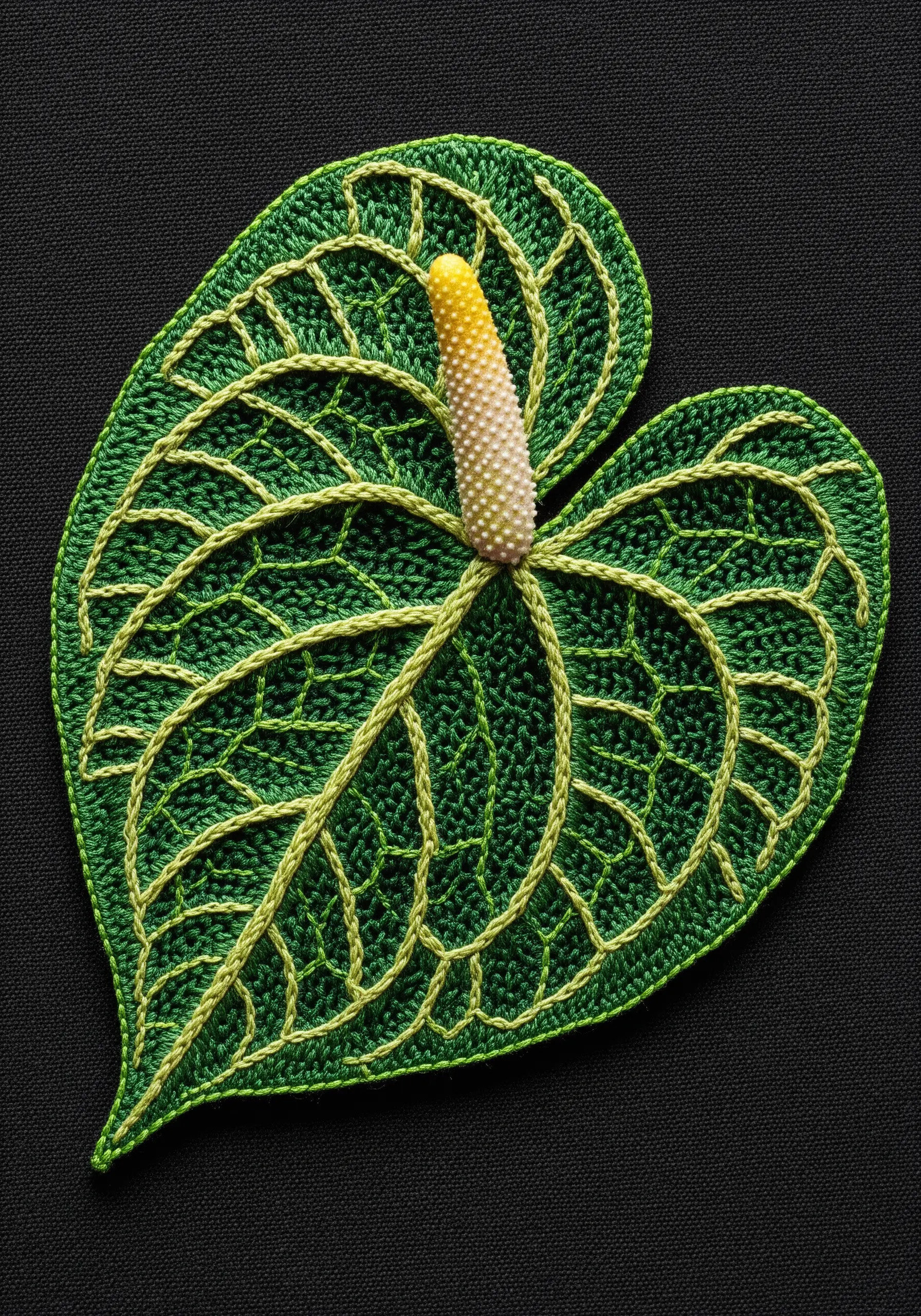 Green anthurium leaf filled with seed stitch and a network of couched yellow yarn veins.
