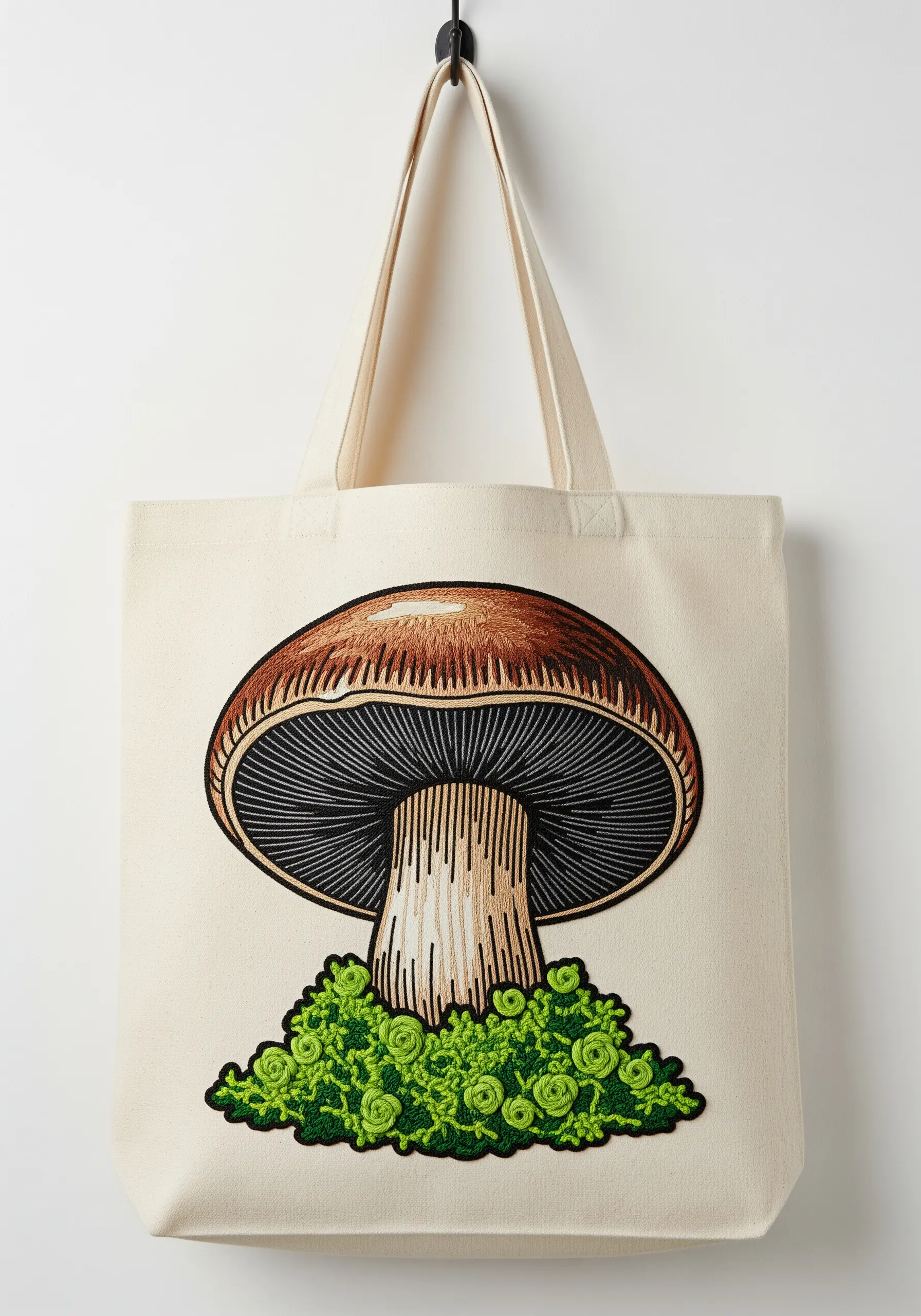 A large, detailed mushroom embroidered as a patch on a canvas tote bag.