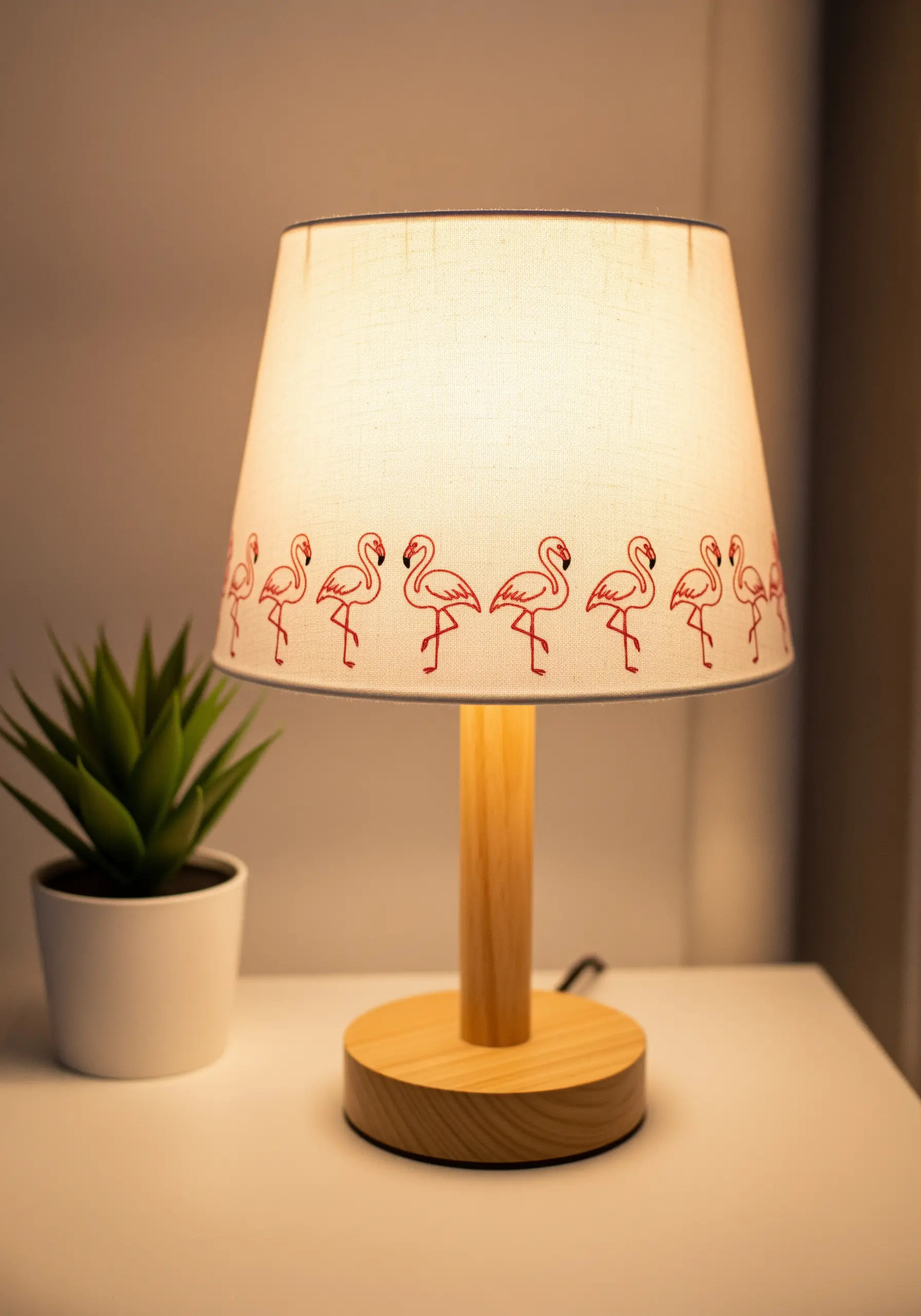 A line of simple pink flamingos embroidered as a border on a fabric lampshade.