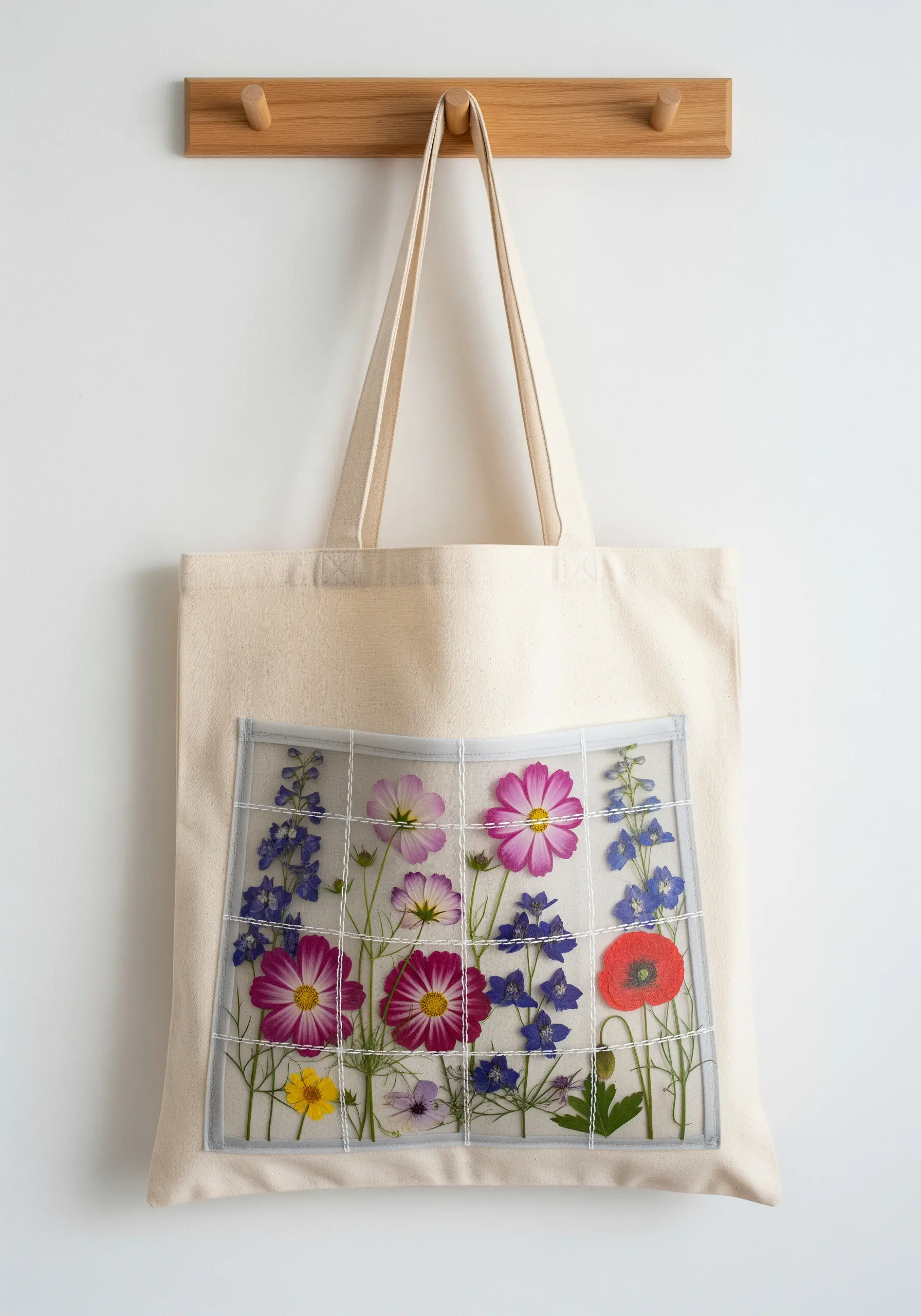 A canvas tote bag with a transparent pocket holding pressed flowers, stitched with a white grid.