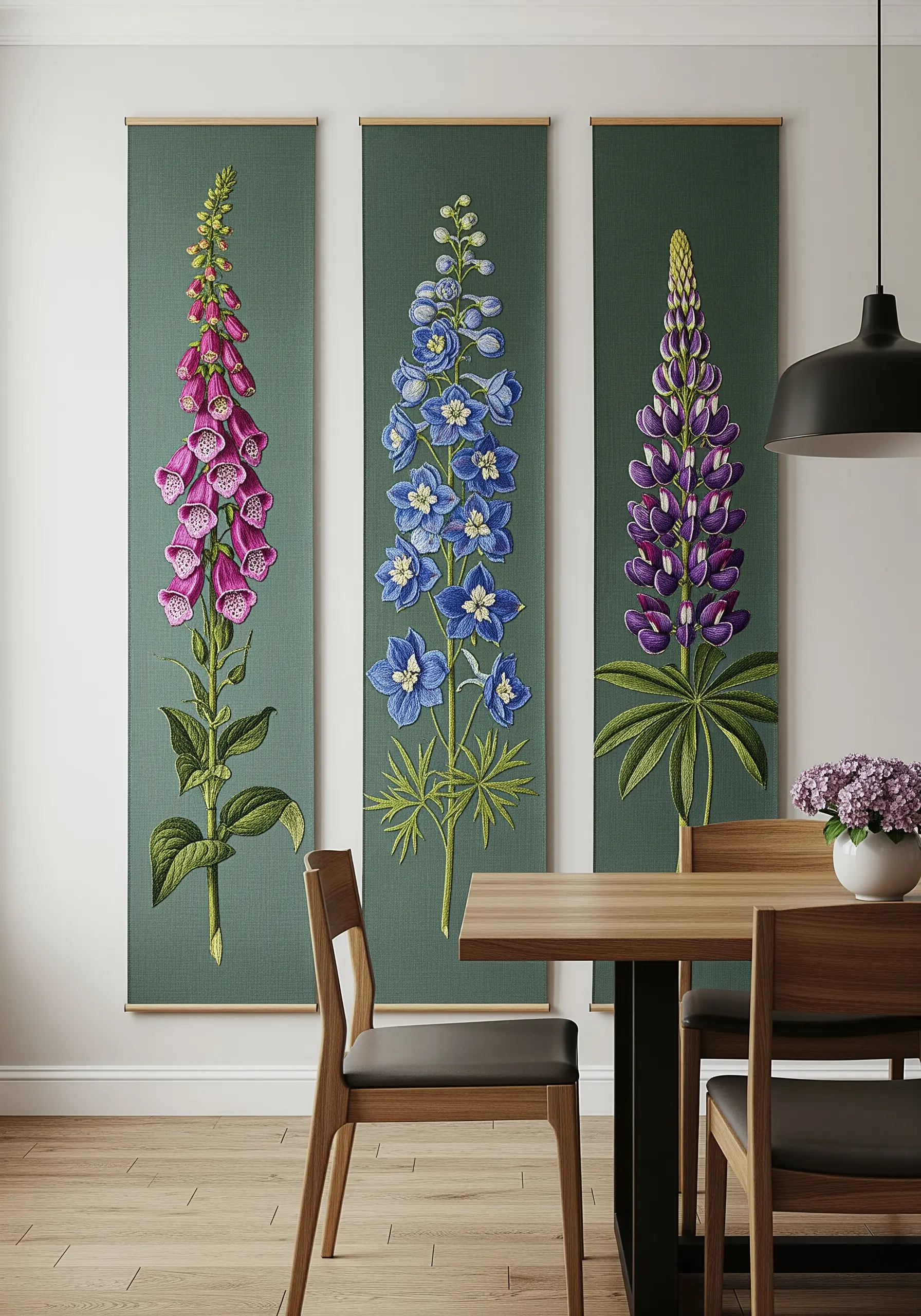 A triptych of three vertical tapestries, each showing a different flower: foxglove, delphinium, and lupine.