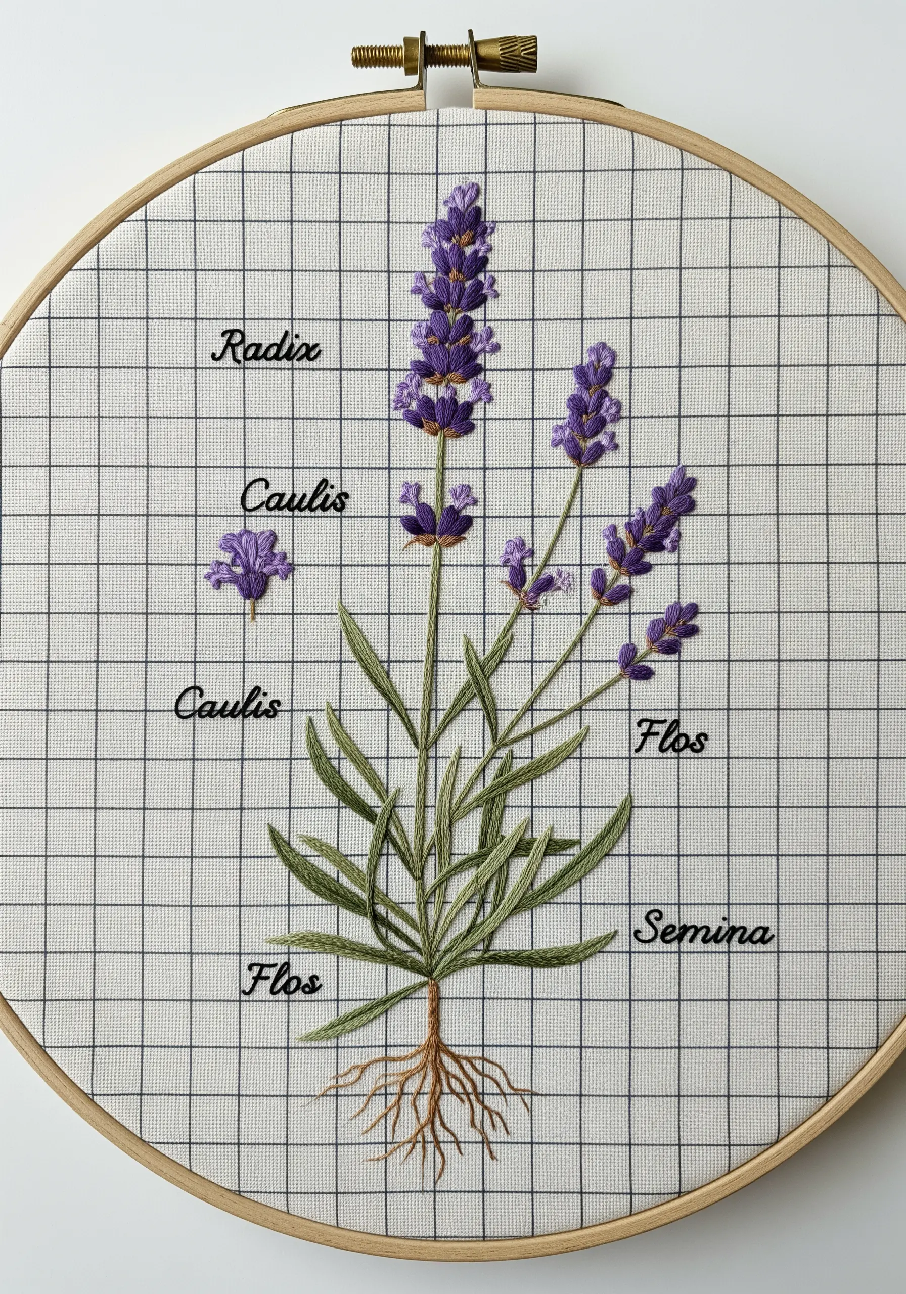 A botanical illustration style embroidery of a lavender plant with Latin labels on grid fabric.